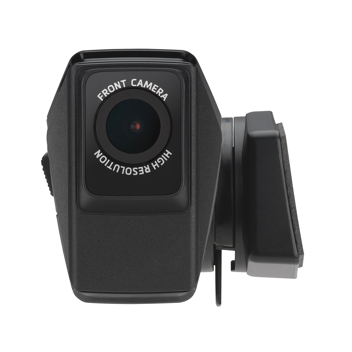 Una telecamera frontale nera con scritto 'FRONT CAMERA' e 'HIGH RESOLUTION'. Ha una lente e una staffa di montaggio.