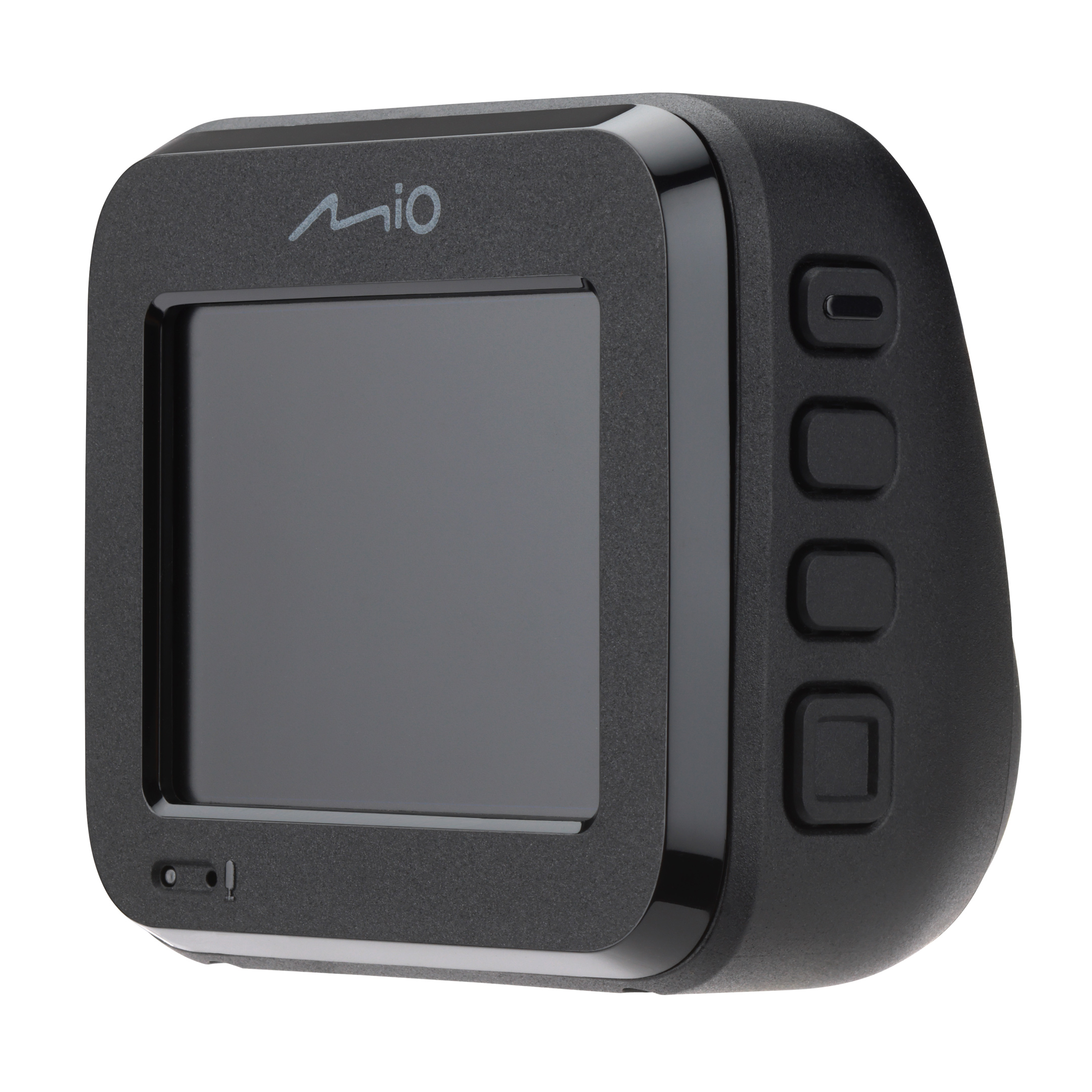 Black Mio dashcam with screen, buttons, and logo. It is angled to the left, with a white background.