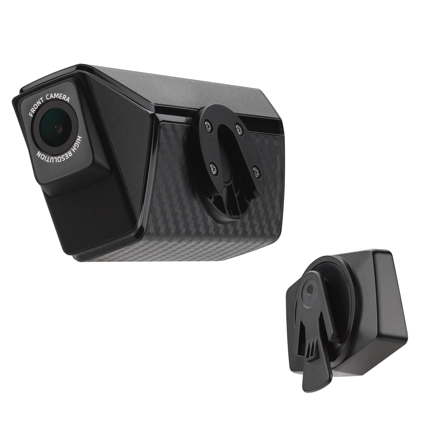 Dash cam nera con testo "FRONT CAMERA HIGH RESOLUTION" e staffa di montaggio, isolata su bianco.
