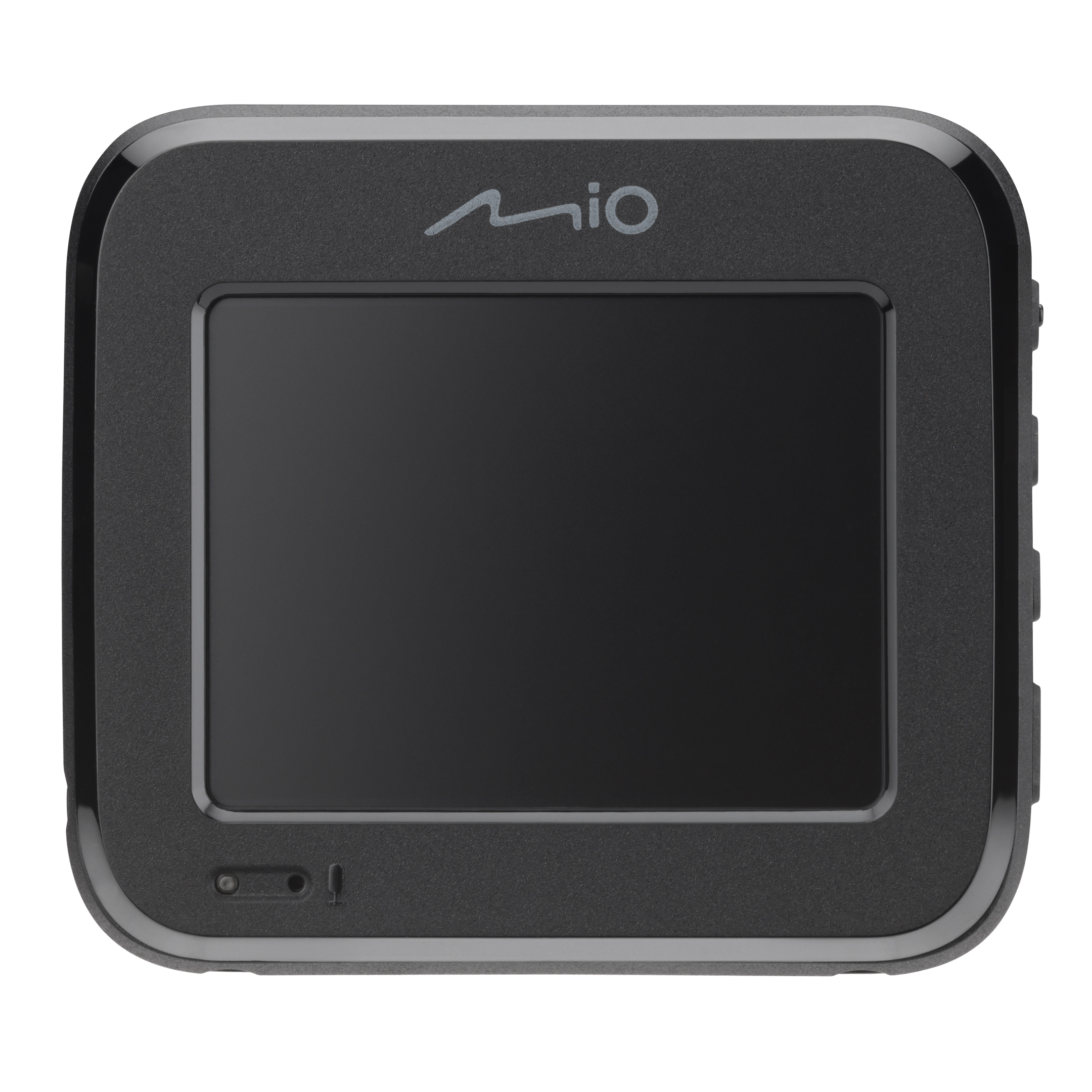 A black Mio dashcam, square shape. It has a screen in the center and buttons on the right side.