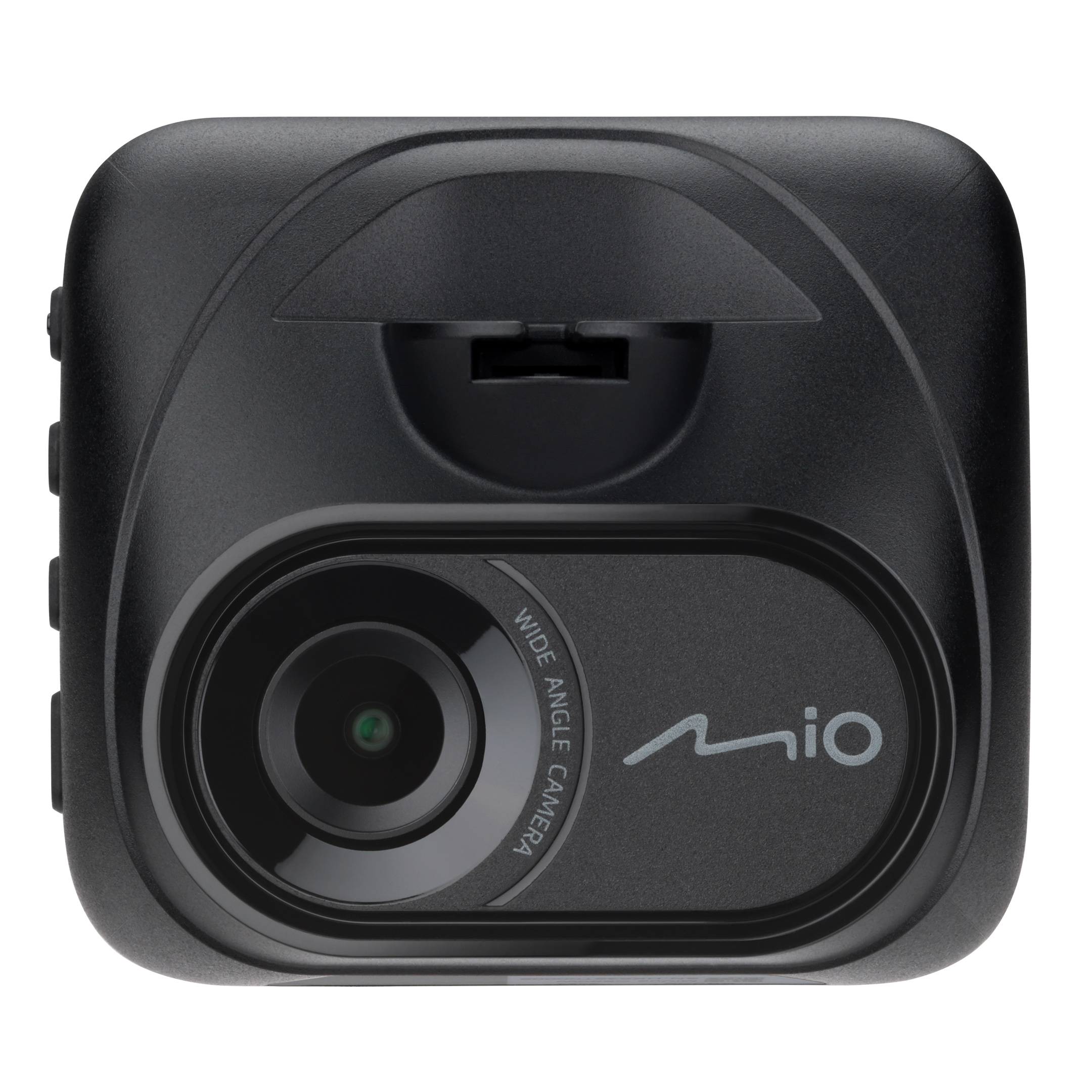 Black dashcam with a lens, the word "mio", and "WIDE ANGLE CAMERA" printed on it.