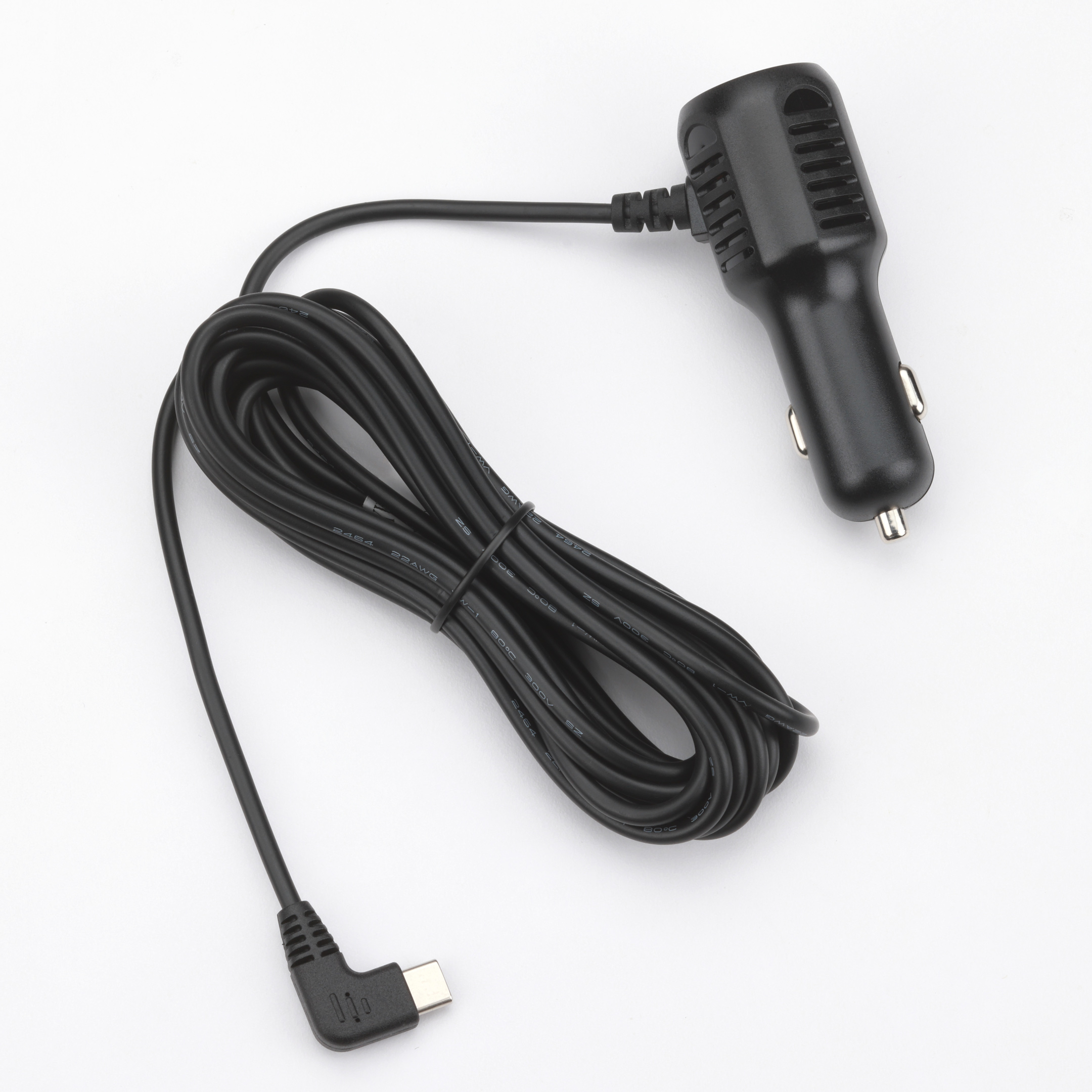 A black car charger with a coiled cable and a USB-C connector, all on a white background.