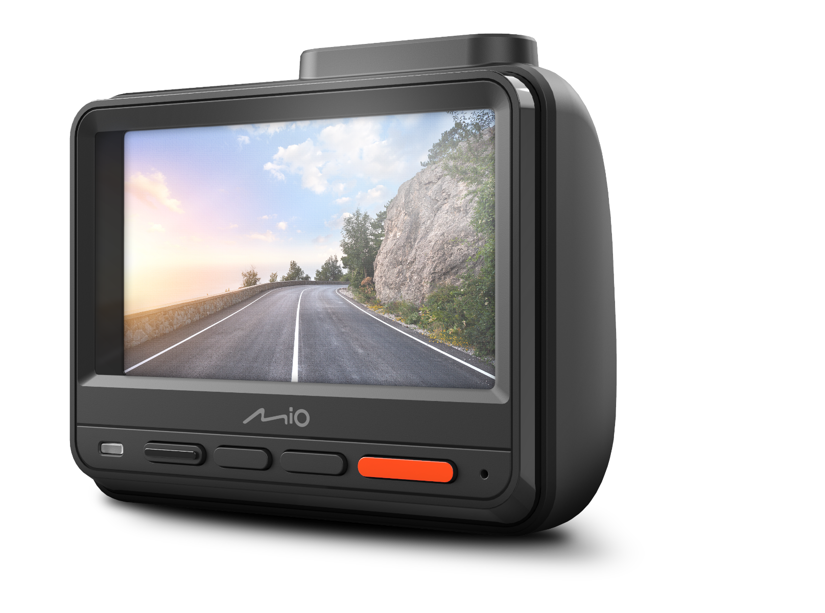 Dashcam mit Bildschirm, der eine Straße zeigt, die sich durch eine Berglandschaft schlängelt. Knöpfe unten, orangefarbener hervorgehoben.