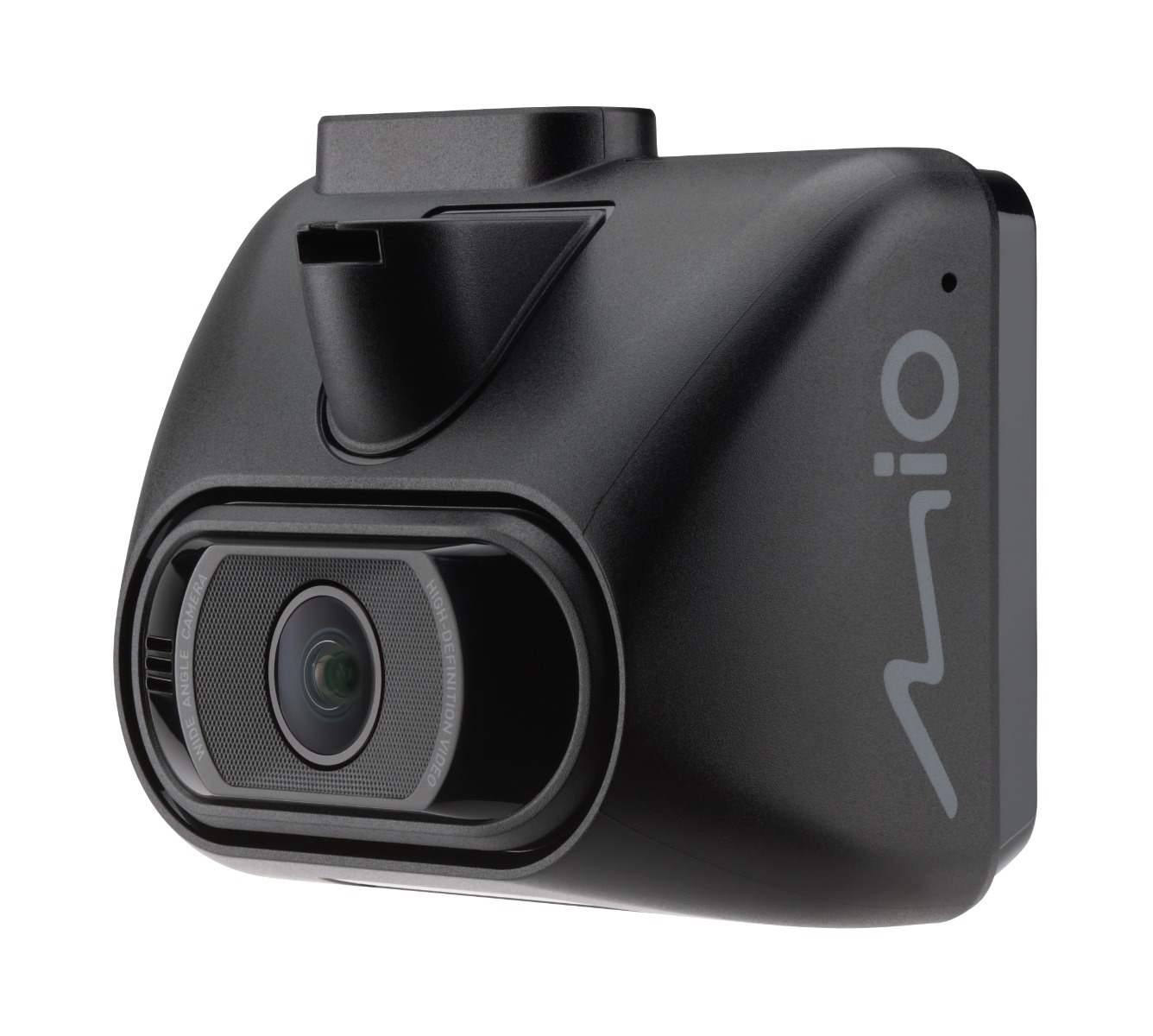Eine schwarze Mio-Dashcam wird vor weißem Hintergrund angezeigt. Es hat ein Objektiv, den Markennamen und andere Funktionen.