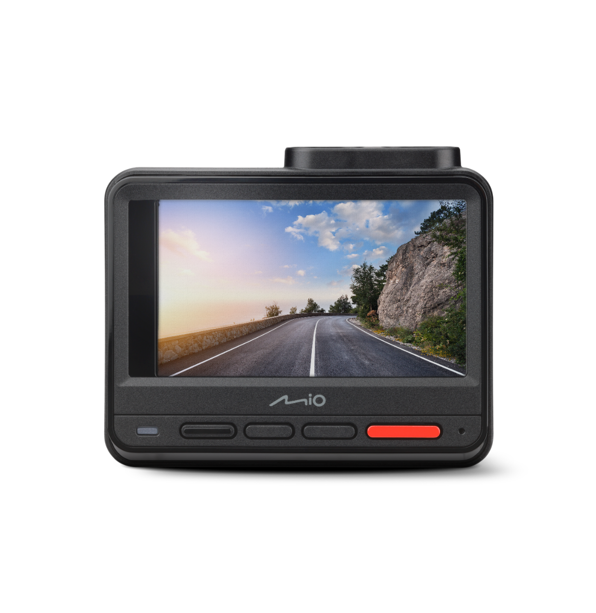 Eine Dashcam zeigt eine Straßenszene mit Himmel. Das Gerät ist schwarz mit Knöpfen und einem roten Power-Knopf. Die Marke 'mio' ist sichtbar.