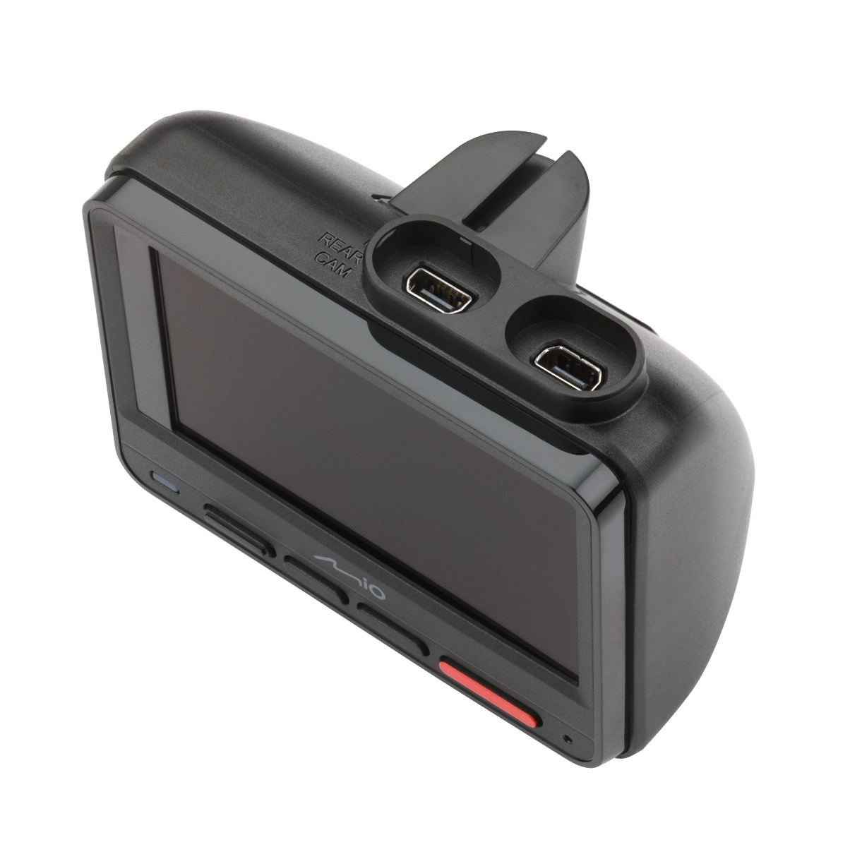 Eine schwarze Dashcam mit Bildschirm und Anschlüssen ist abgewinkelt. Es hat eine rote Taste und den Text "REAR CAM". Der Hintergrund ist weiß.