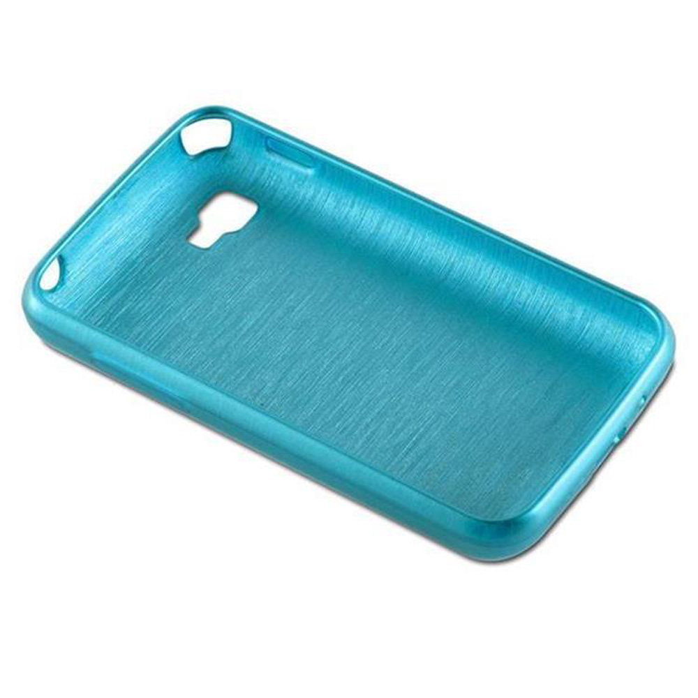 È mostrata una custodia per telefono turchese, leggermente angolata. Ha aperture per la fotocamera e i pulsanti, con una superficie strutturata. Lo sfondo è bianco.