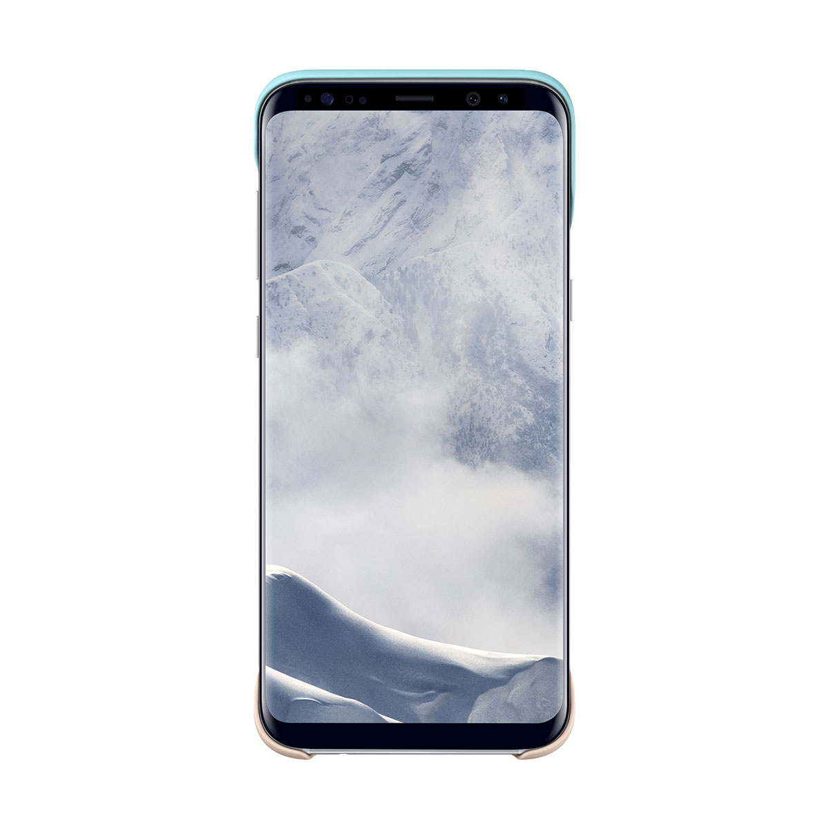 Uno smartphone con custodia blu-verde mostra una scena di montagna innevata. Il telefono è centrato su uno sfondo bianco.