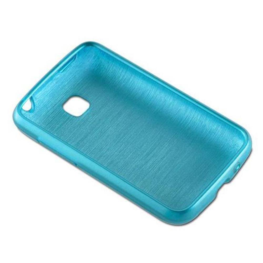 Una custodia per telefono turchese su sfondo bianco. La custodia ha una superficie strutturata con un foro per la fotocamera e altre aperture.