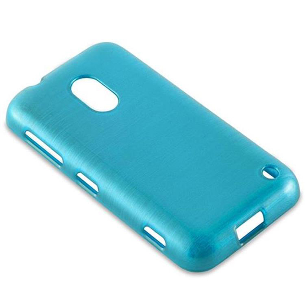 Una custodia per telefono turchese è vista dall'alto. Ha un foro per la fotocamera, fori per i pulsanti del volume e un foro per il pulsante di accensione.