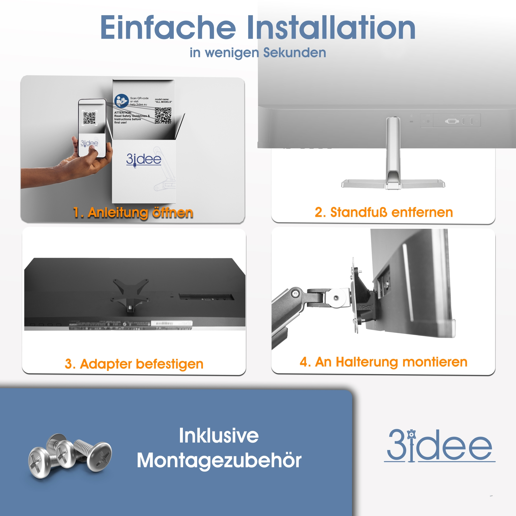 Das Bild zeigt Installationsschritte für einen Monitorarm, mit einem Telefon, das einen QR-Code scannt, und Schrauben.