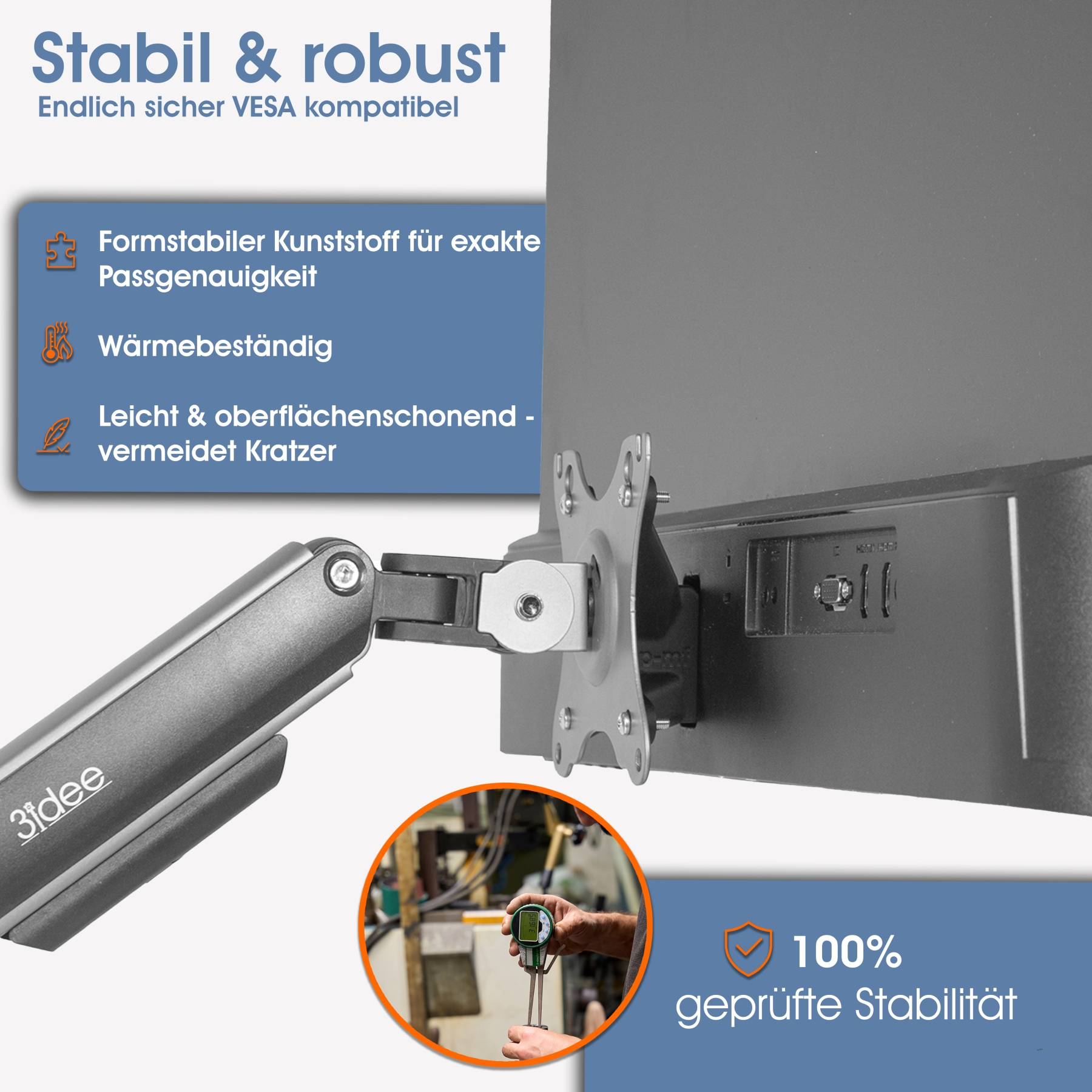 Eine graue Monitorhalterung mit Text und eine Person, die ein Messwerkzeug hält. Der Text hebt Haltbarkeit und Stabilität hervor.