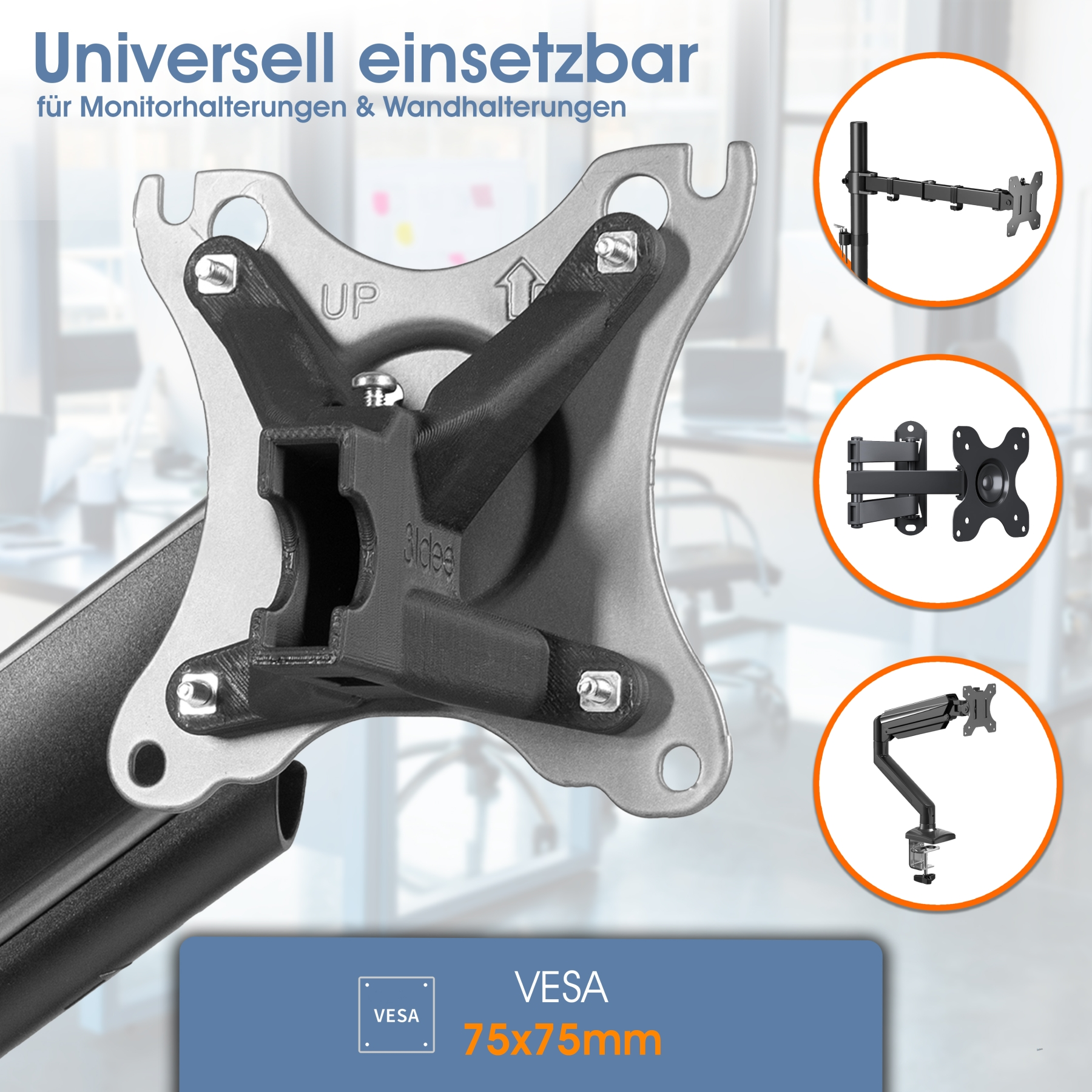 Das Bild zeigt eine Monitorhalterung mit verschiedenen Typen, VESA 75x75mm. Text: 'Universell einsetzbar für Monitorhalterungen & Wandhalterungen'.