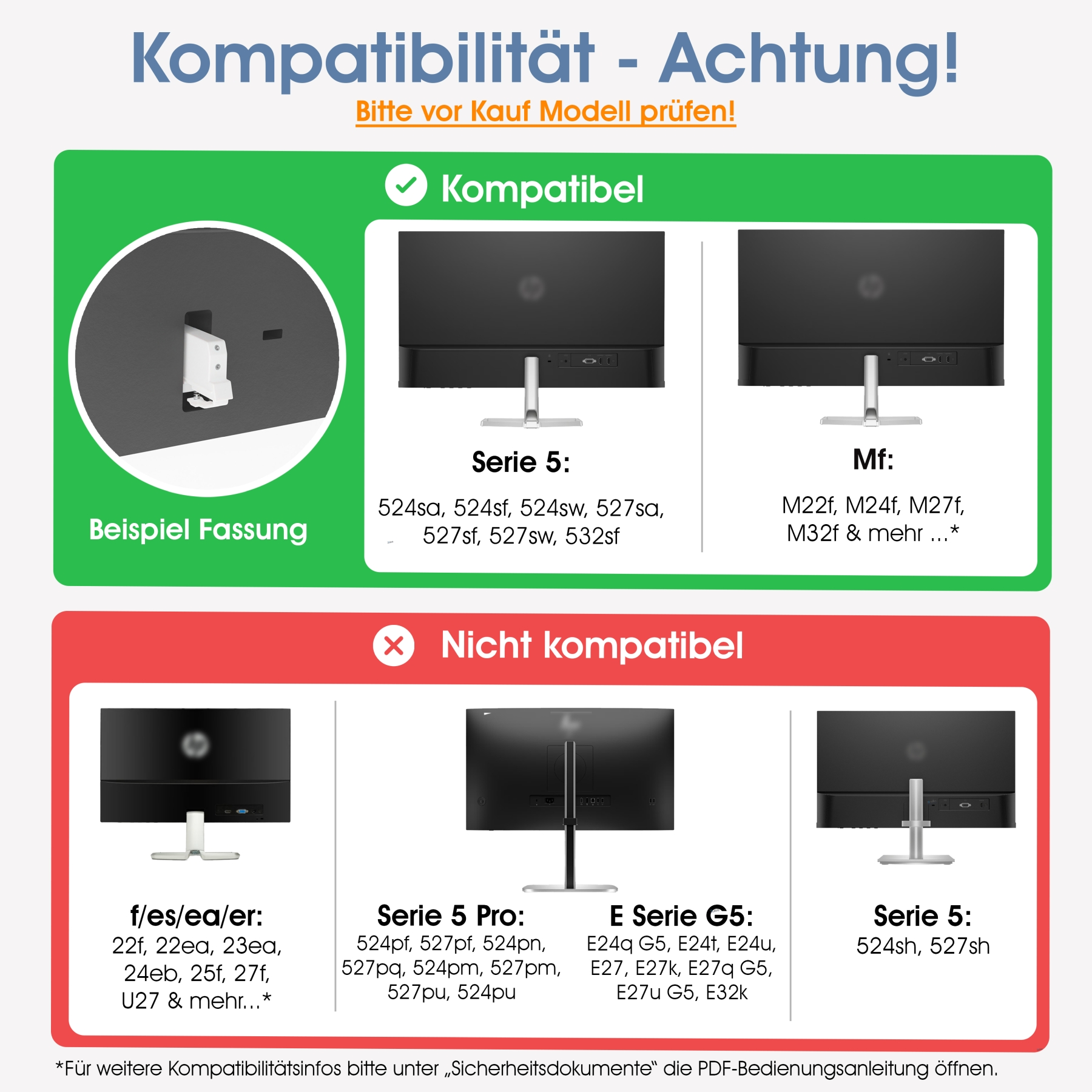 Bild zeigt Informationen zur Monitor-Kompatibilität. Grüner Abschnitt für kompatibel, rot für nicht kompatibel. Listet Monitormodelle auf.