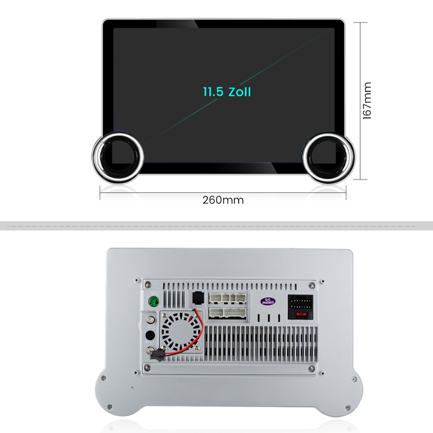Un estéreo de coche con pantalla de 11,5 pulgadas y dos perillas de control. La parte trasera muestra ventilación, conectores y un ventilador.