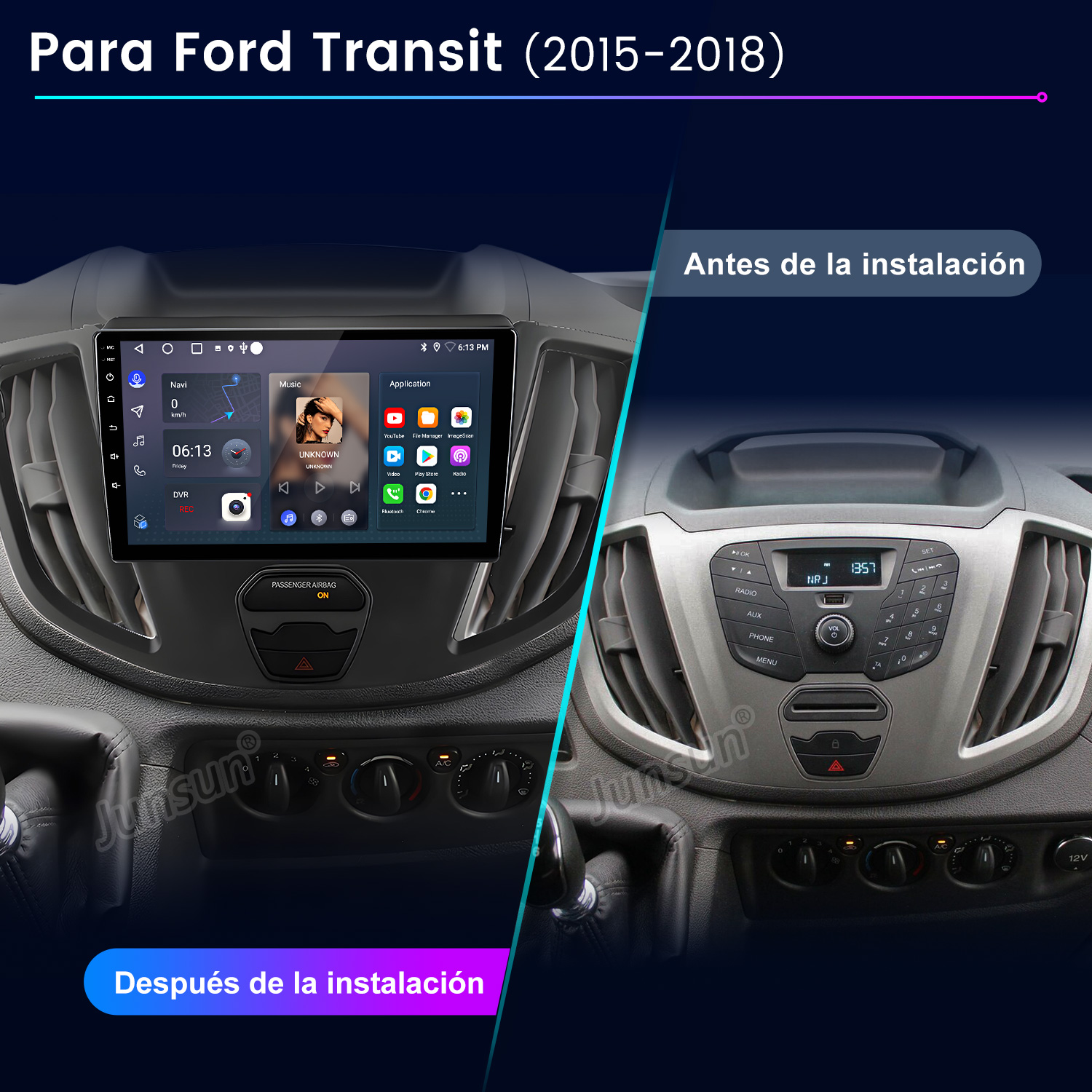 Imagen muestra el tablero de un coche antes y después de instalar un nuevo sistema multimedia. Incluye pantallas, botones y detalles del interior.