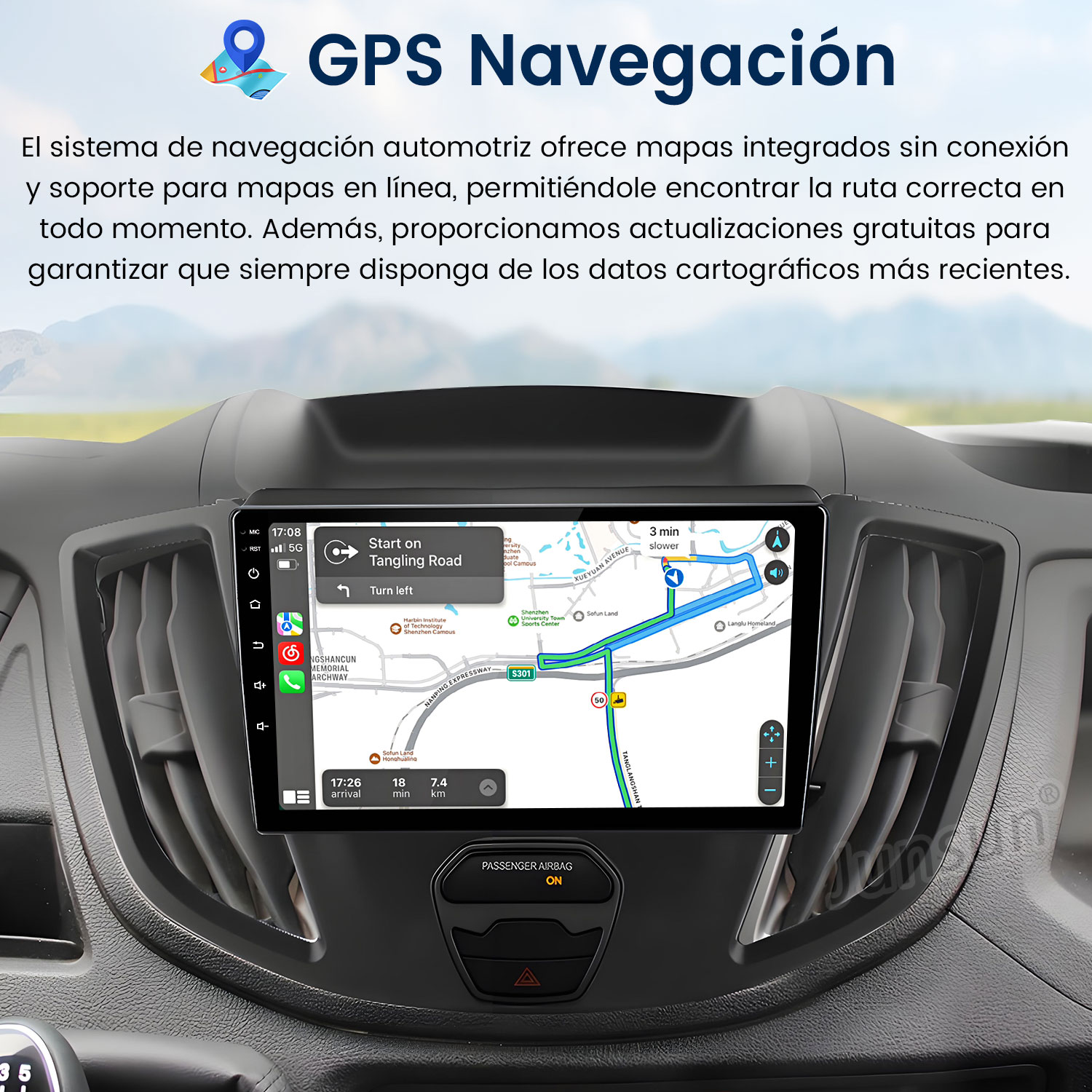 Tablero del coche mostrando navegación GPS con mapa. Texto en español. La pantalla muestra una ruta e indicaciones.