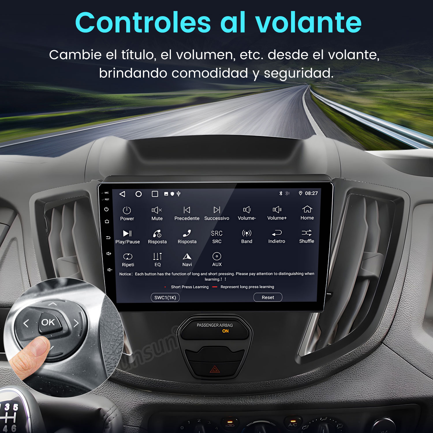Panel del coche con pantalla táctil. Una mano pulsa el botón 'OK' en el control del volante.