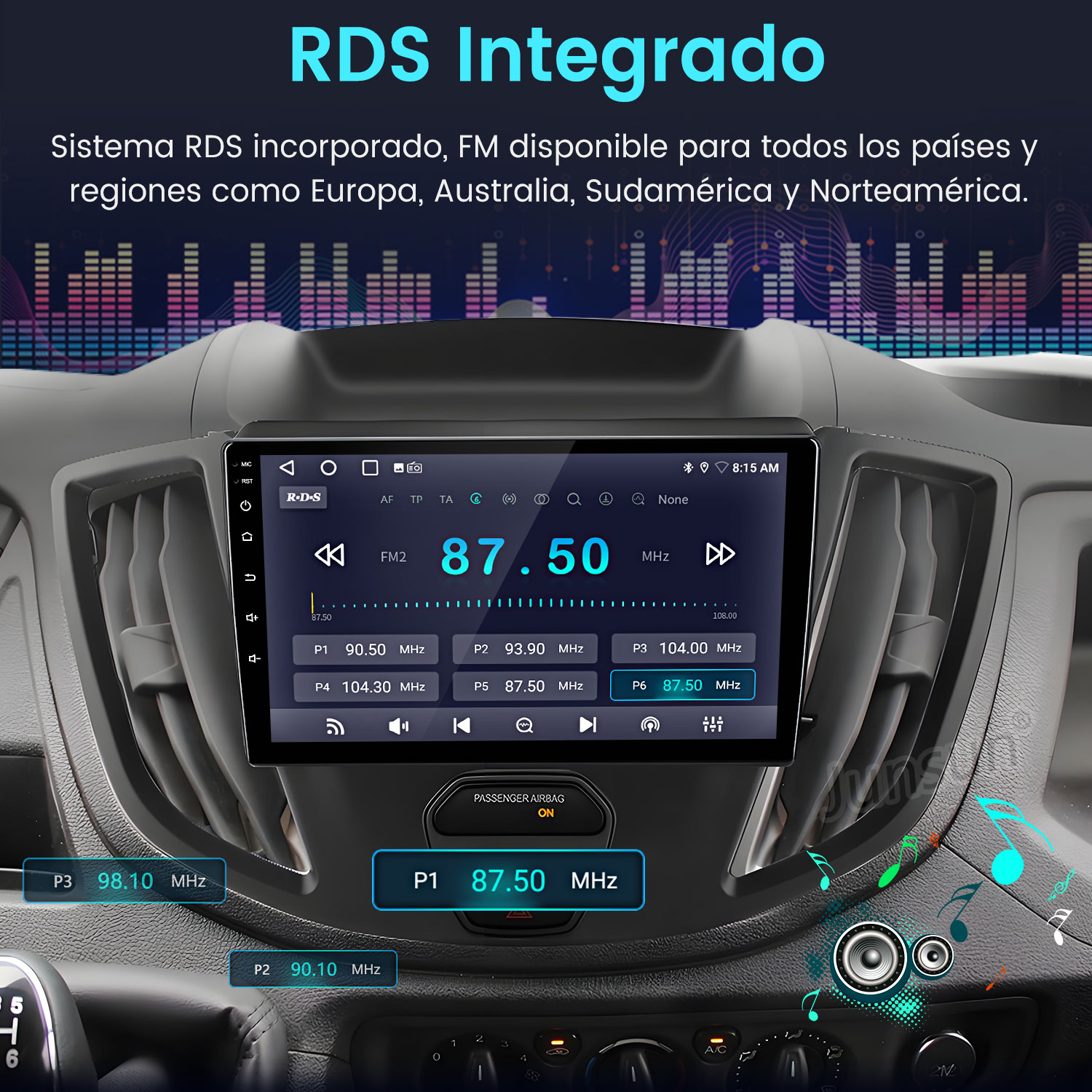 Una radio de coche con RDS. La pantalla muestra la frecuencia FM 87,50 MHz. El texto dice RDS Integrado con algo de texto debajo.