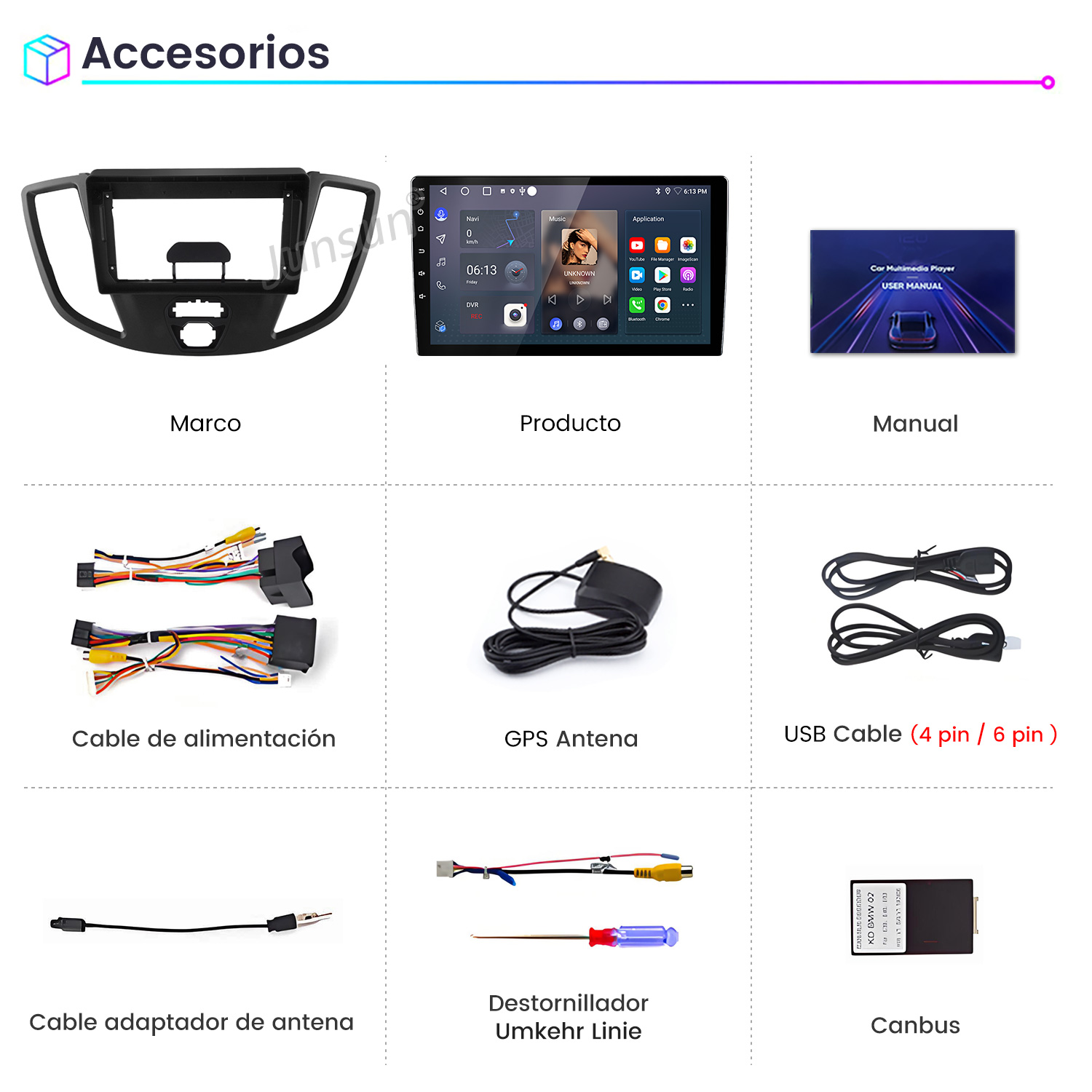La imagen muestra accesorios para automóviles: un marco, una pantalla, un manual, cables, antena GPS, cable USB, cable de antena, destornillador y un dispositivo Canbus.