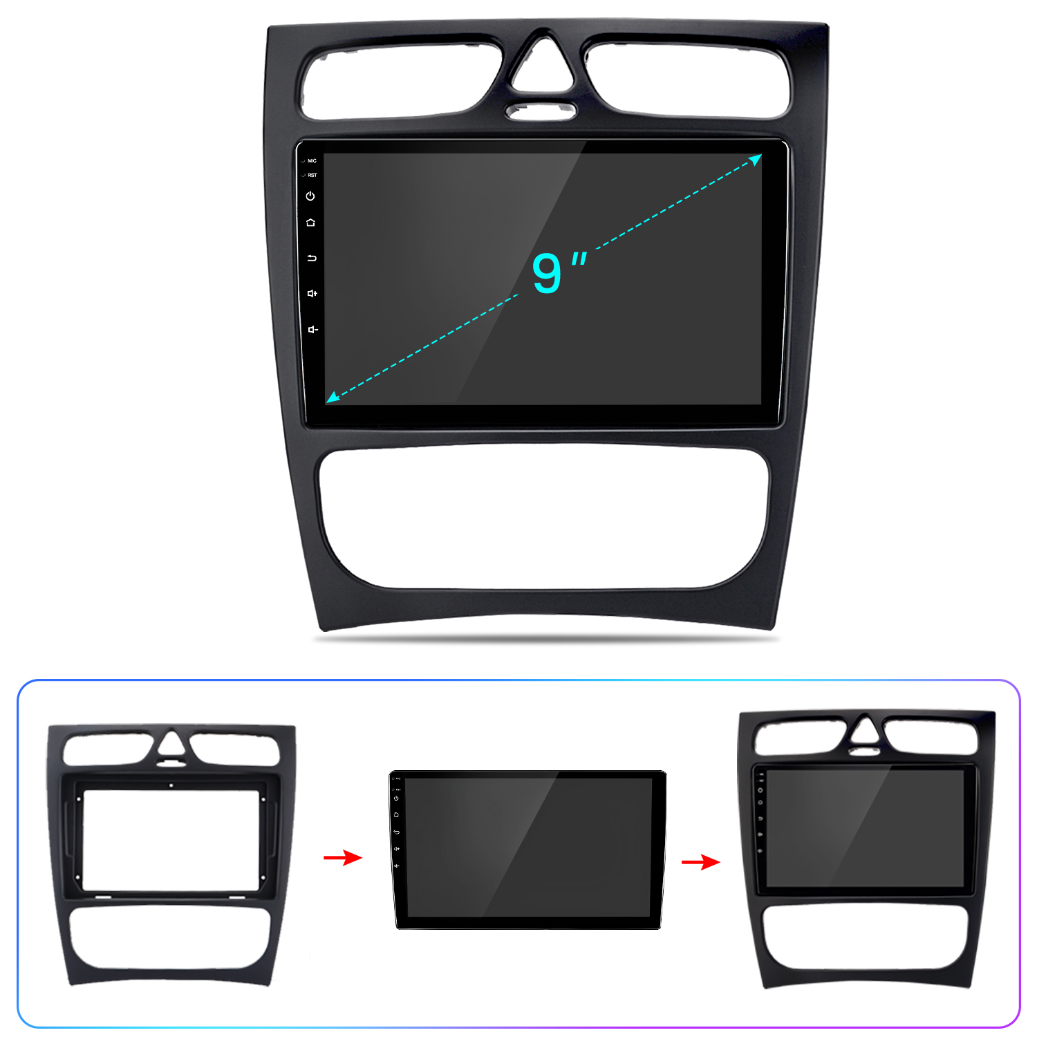 Un estéreo de coche con pantalla de 9 pulgadas. El estéreo es negro, con botones táctiles. Se muestran tres etapas de instalación con flechas.