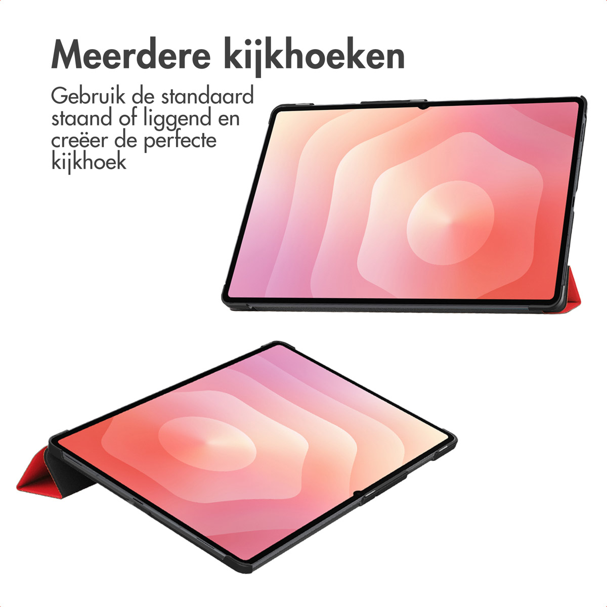 Two tablets with colorful screens and black borders. One is angled, propped up by a red cover. Text on top says 'Multiple viewing angles'.