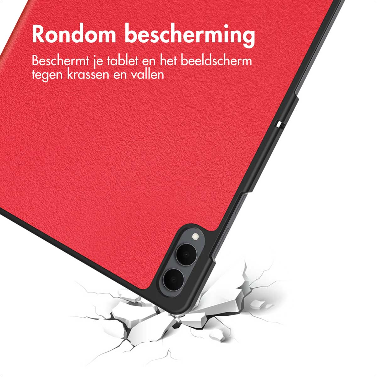 A red tablet case, black border, rests on cracked white surface. Dutch text: 'All-around protection'.