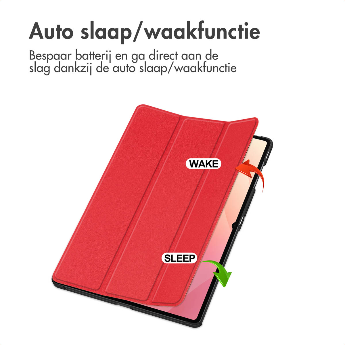 Red tablet cover with 'WAKE' and 'SLEEP' labels, opening to reveal a black tablet. Text: Auto sleep/wake function.