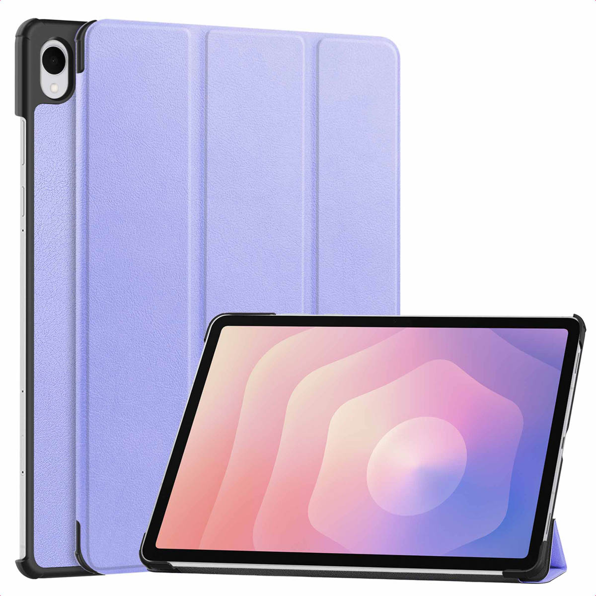 Een tablet met een lichtpaarse hoes en een scherm met roze en witte vormen. De hoes staat rechtop.