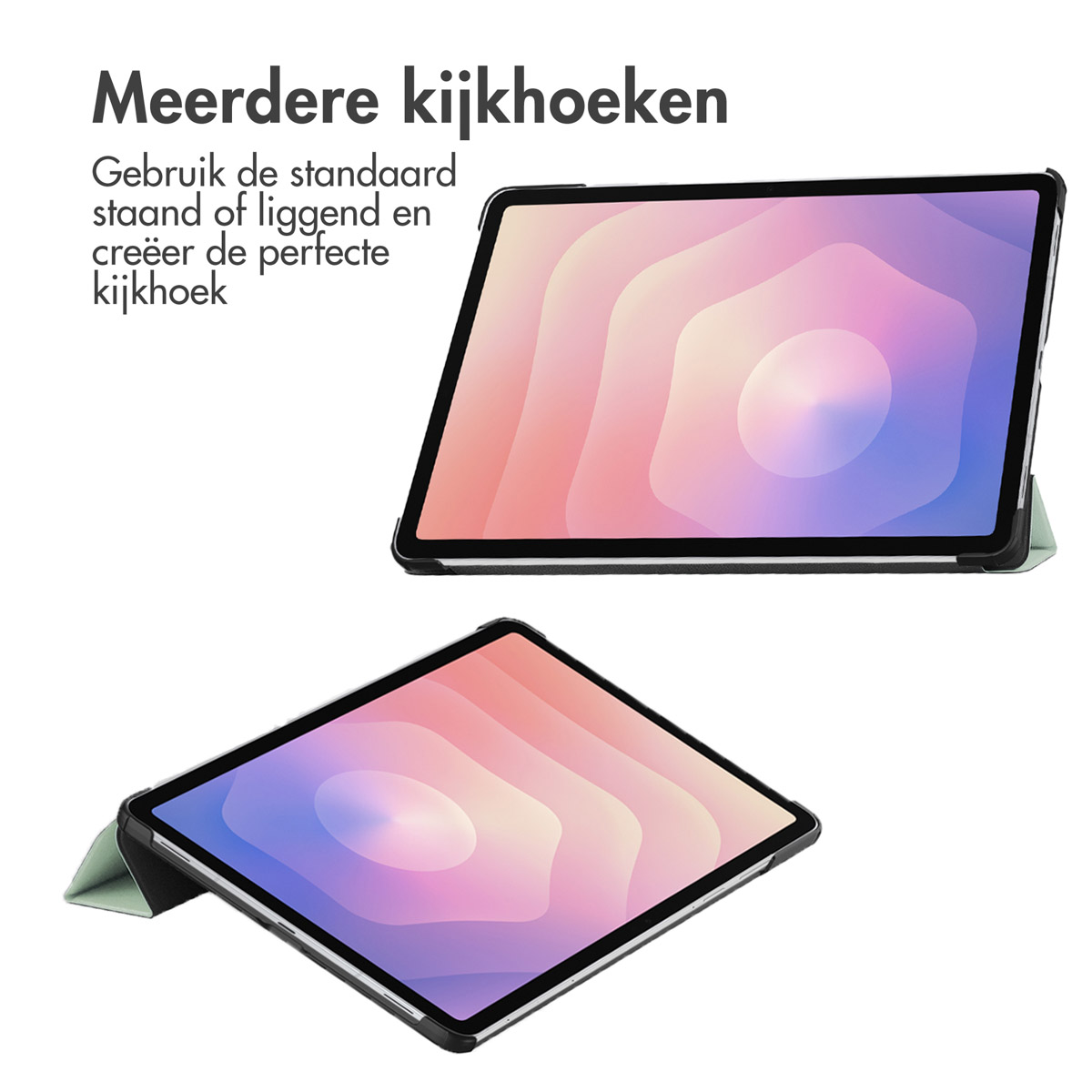 Deux tablettes avec des écrans colorés et des bordures noires sont présentées. Les tablettes sont dans des positions différentes, sur fond blanc.