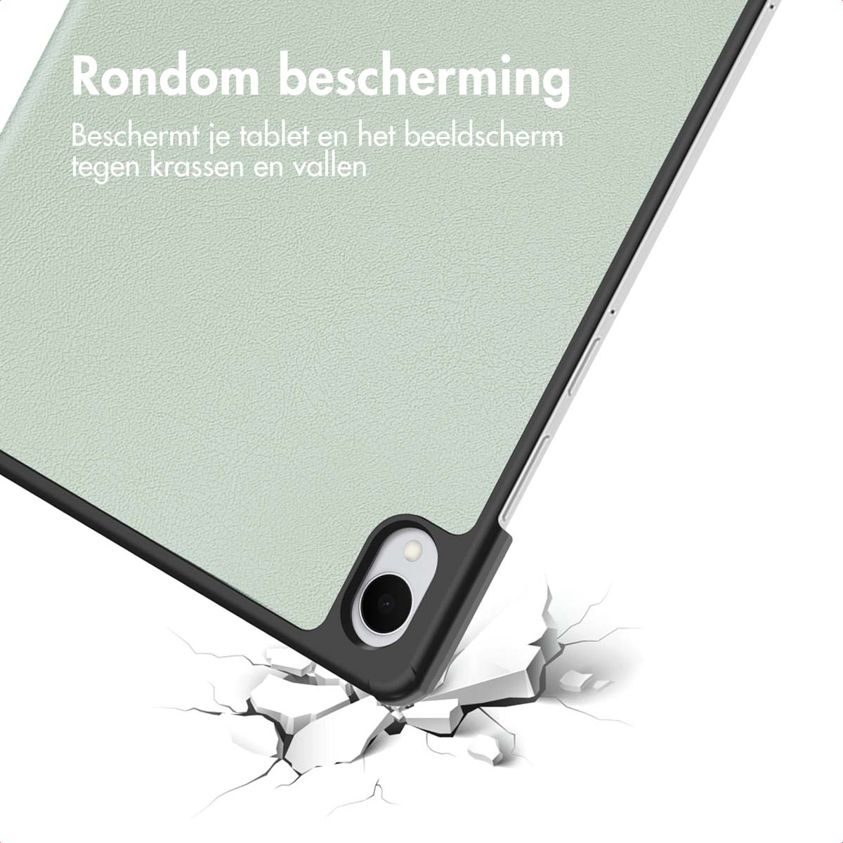 Étui pour tablette sur une surface fissurée. L'étui est noir et vert clair. Texte : 'Rondom bescherming'.