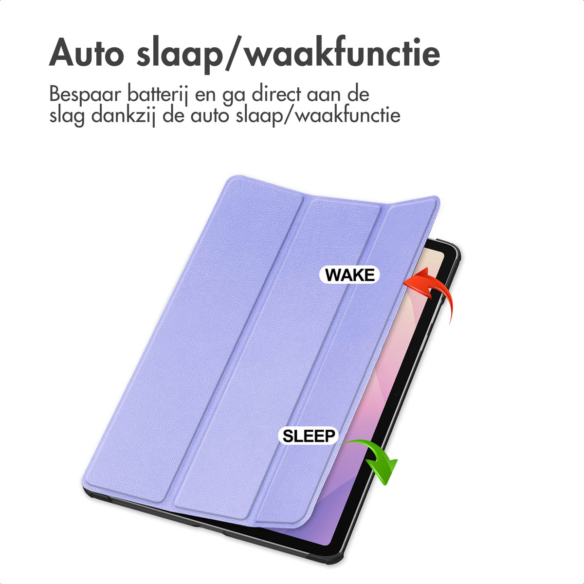 Een tablet met een paarse hoes. De hoes is gedeeltelijk open. Tekstlabels 'WAKE' en 'SLEEP' met pijlen geven de functie aan.