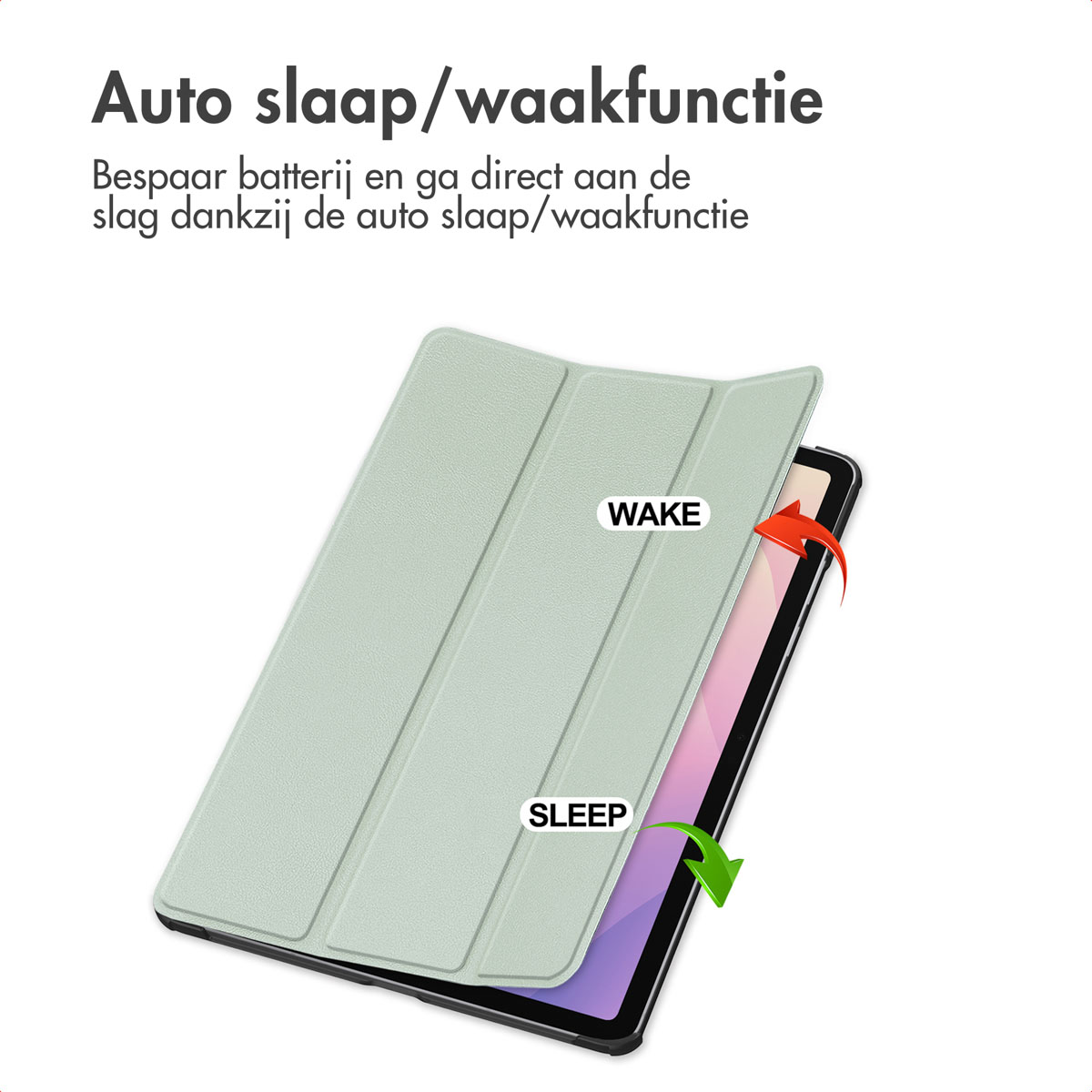 Une tablette avec une coque vert clair, étiquetée 'SLEEP' et 'WAKE'. Flèche rouge ouvre l'écran. Flèche verte le ferme.