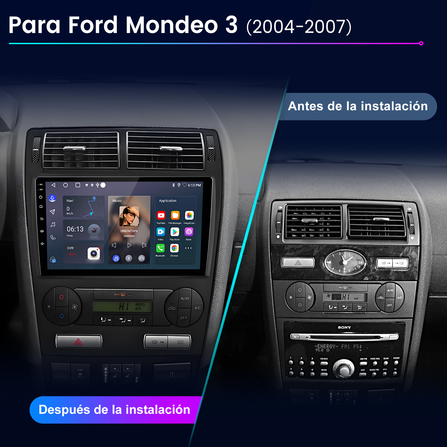 La imagen muestra el salpicadero del Ford Mondeo 3 antes y después de instalar un nuevo sistema multimedia. Incluye aplicaciones de navegación y música.