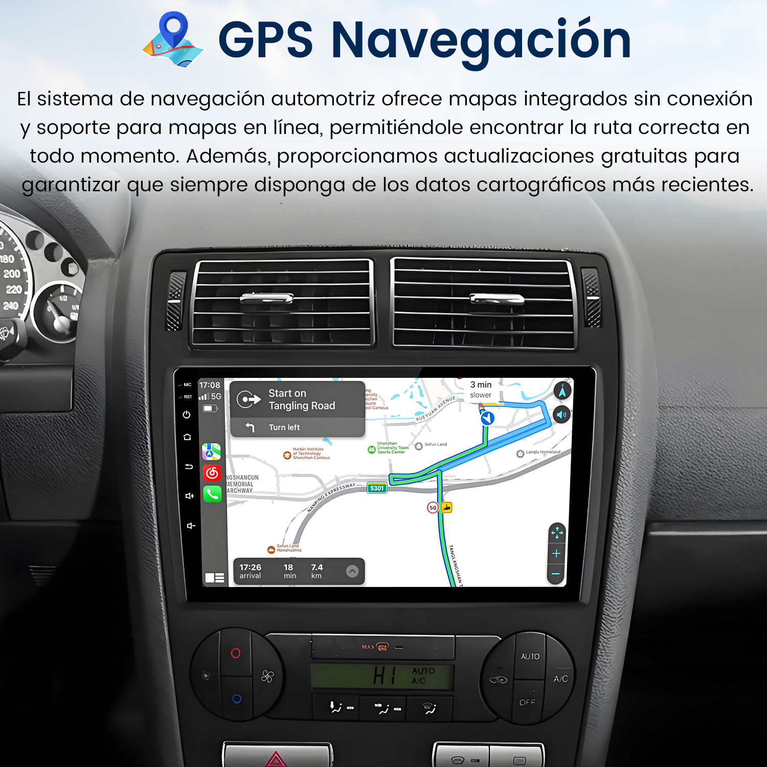 Panel del coche con navegación GPS, mapa y guía de ruta.