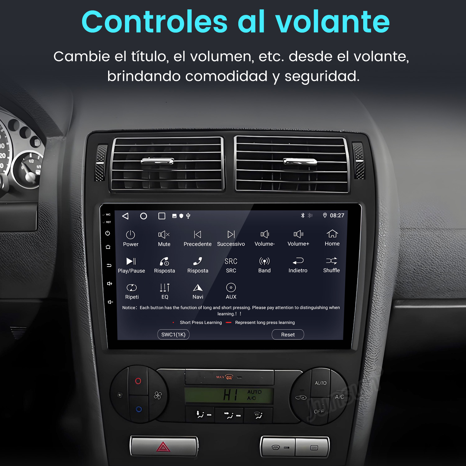 Panel del coche con pantalla digital. Muestra botones de volumen, silencio y navegación. También se ven las rejillas de ventilación y los controles.