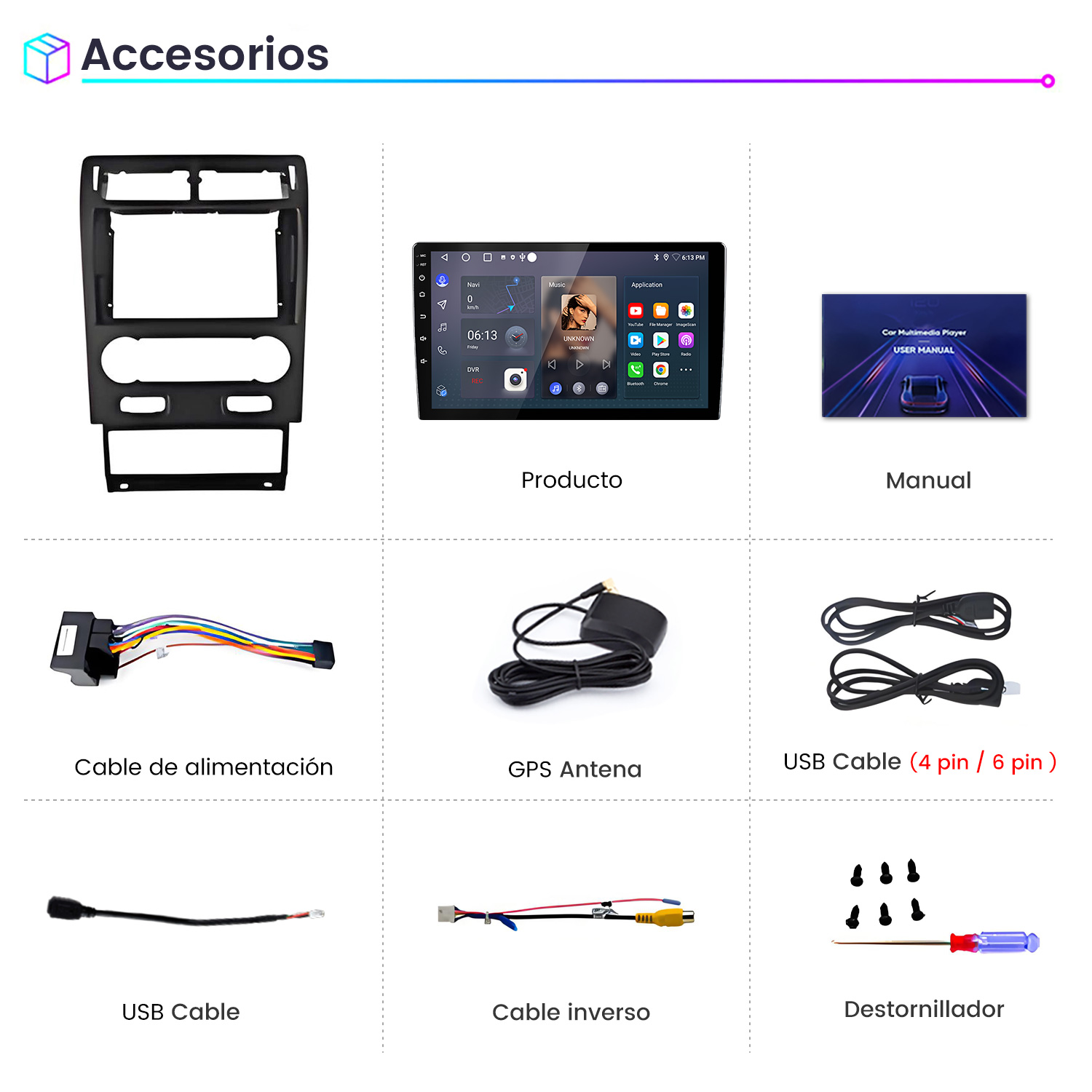 La imagen muestra accesorios para automóvil: un marco, una pantalla, un manual, cables, antena GPS, cables USB y un destornillador.