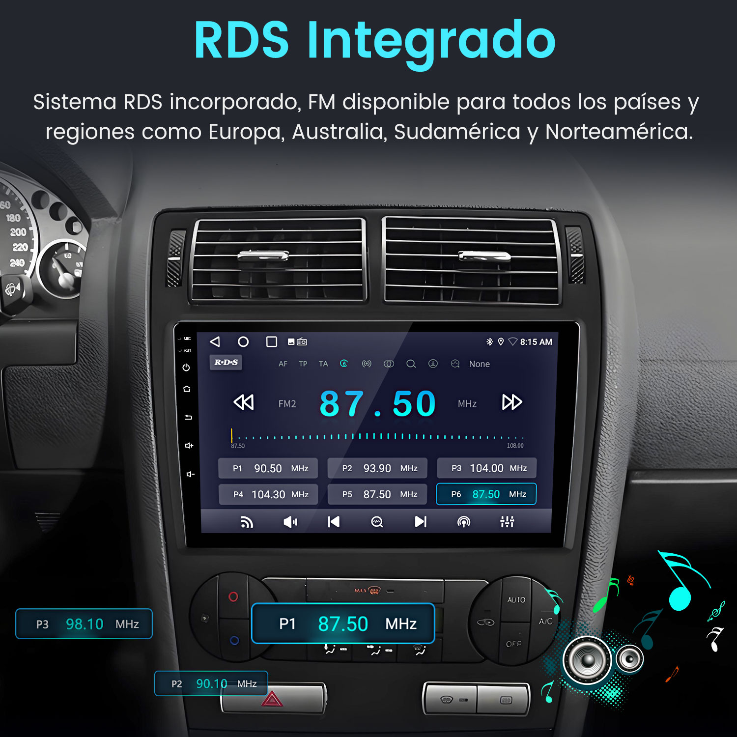 Pantalla de radio de coche mostrando 87.50 MHz. Botones y diales visibles. El salpicadero es negro y gris.