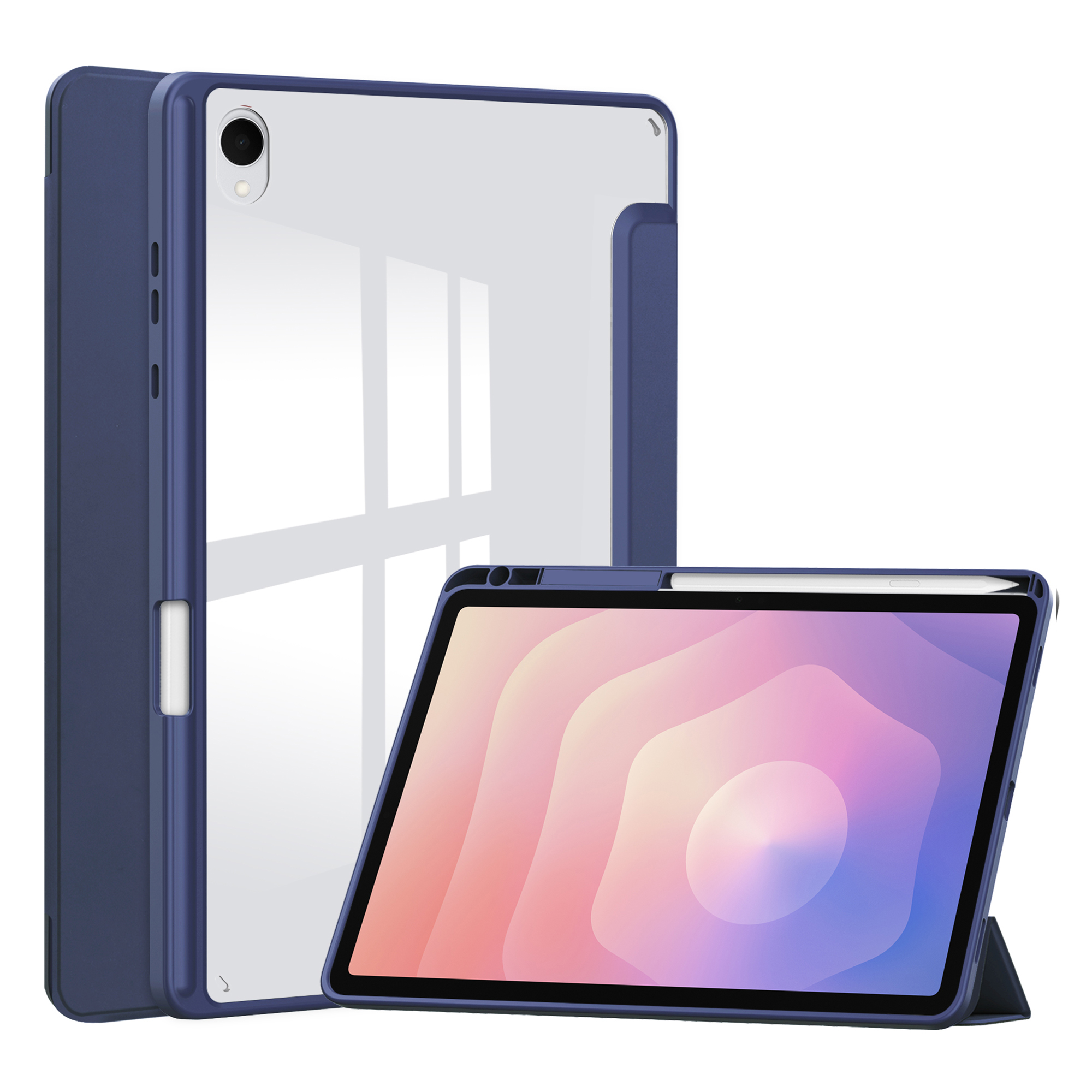 Een tablet met een blauwe hoes en een pen. Het scherm toont een roze en paarse gradiënt.