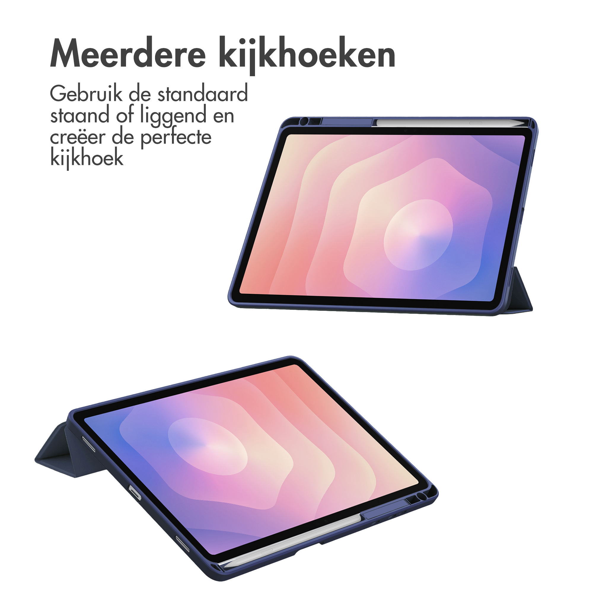 Twee tablets in blauwe hoesjes. Eén staat rechtop, de ander schuin. Beide tonen abstracte kleurrijke patronen.