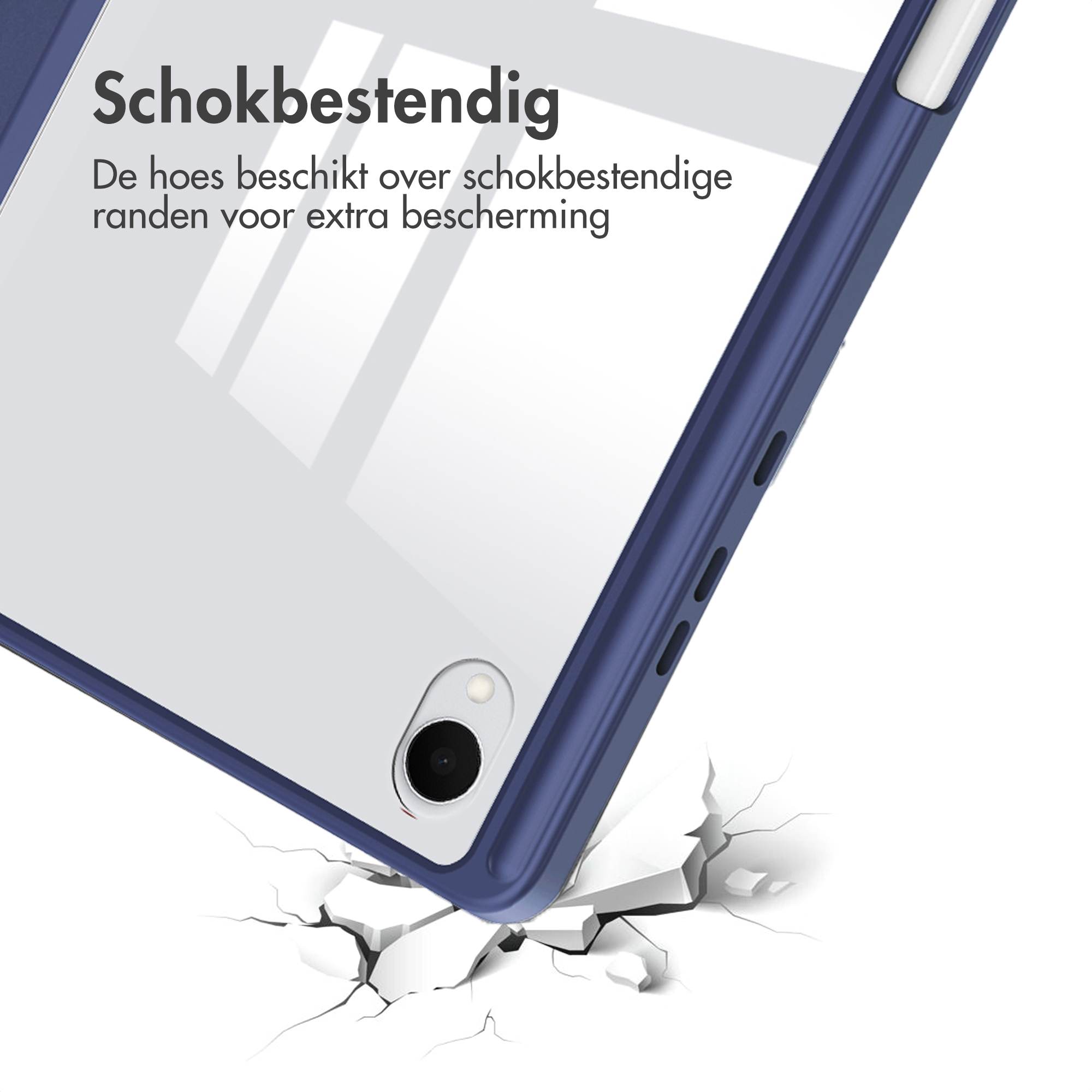 Blauwe telefoonhoes in een hoek, neerstortend op een wit oppervlak, scheuren vormen zich. Tekst: 'Schokbestendig'.