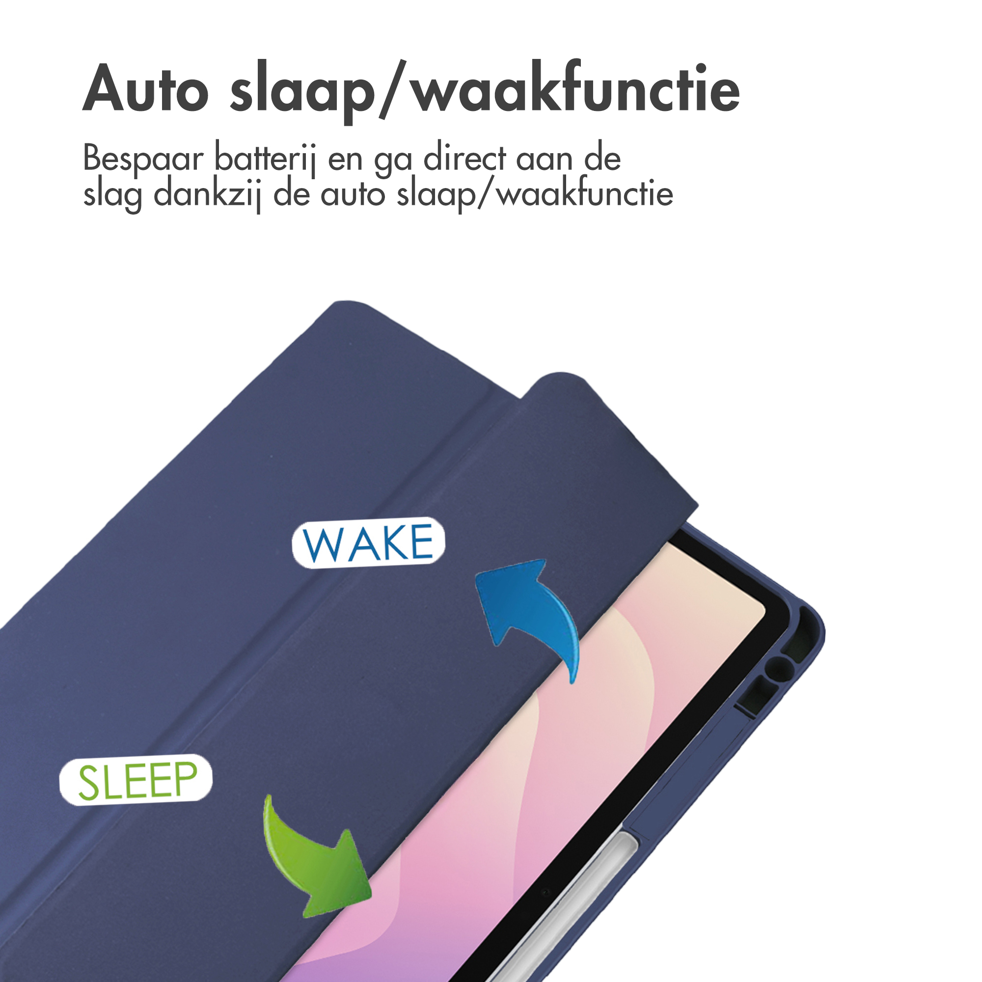 Een tablet in een donkerblauwe hoes, met 'Sleep' en 'Wake' labels. Pijlen geven de functionaliteit aan.
