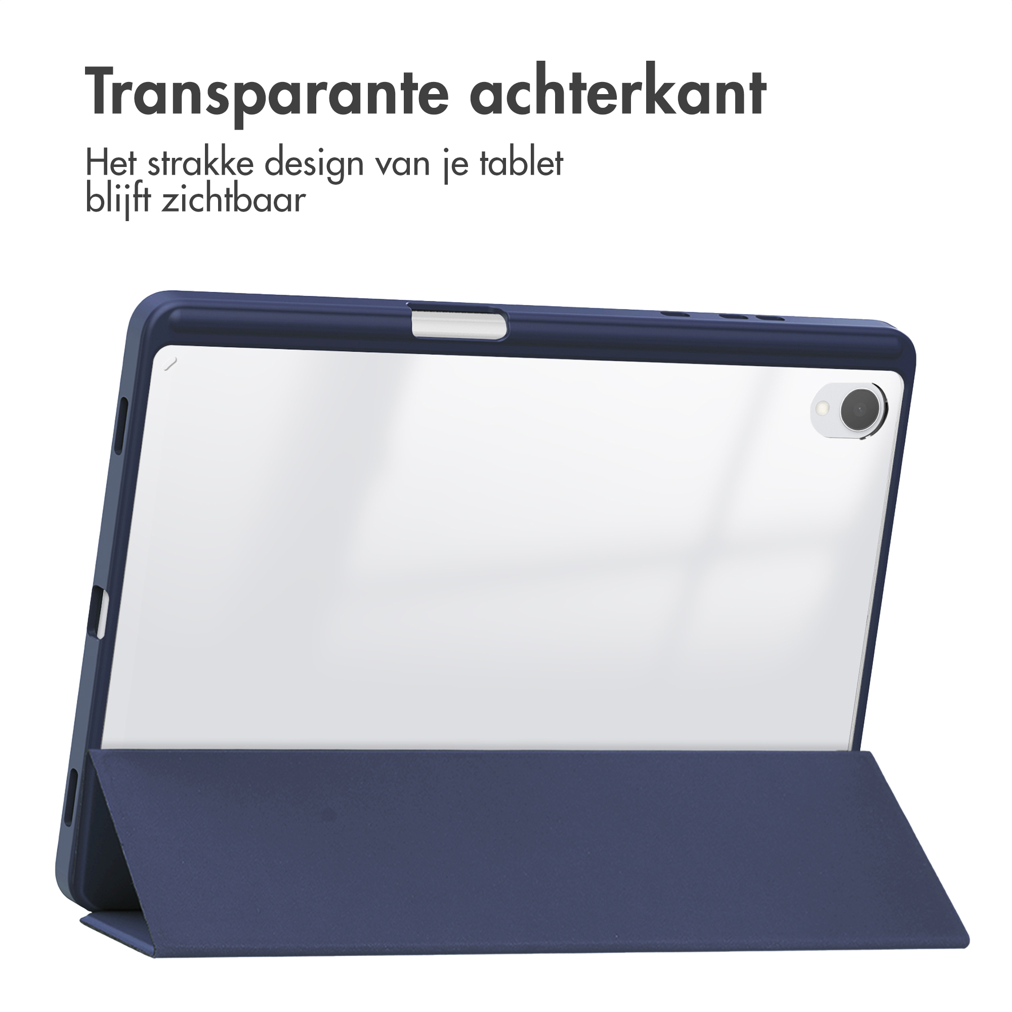 Een tablet in een donkerblauwe hoes. De achterkant van de tablet is zichtbaar door de transparante hoes.