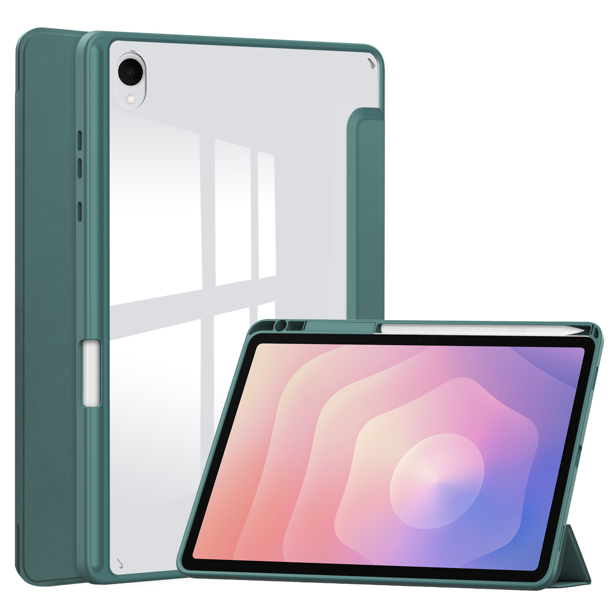 Een tablet in een groene hoes, met een doorzichtige achterkant. Een andere tablet is open, met een kleurrijke achtergrond.