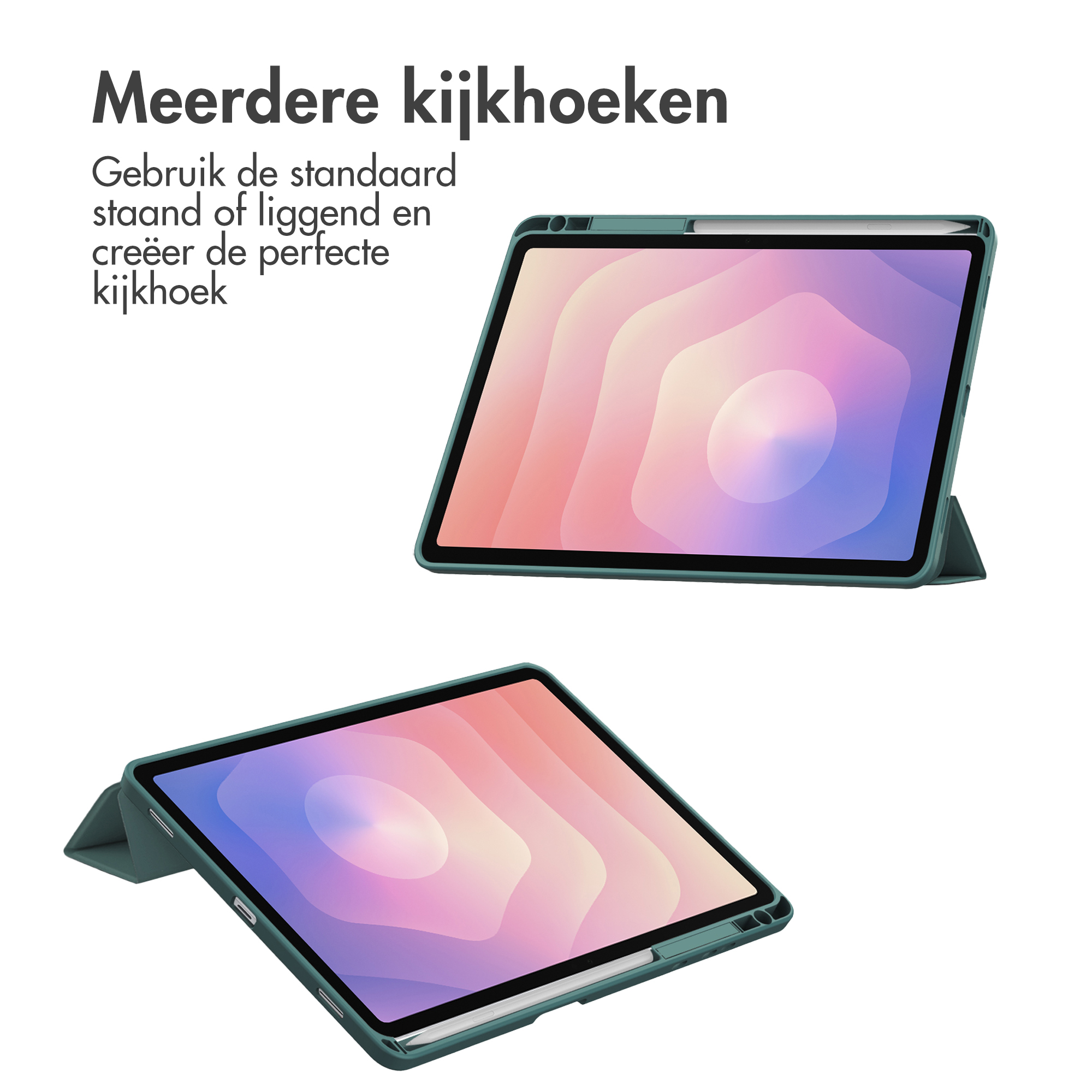 Twee tablets in groene hoezen, verschillende kijkhoeken. Witte achtergrond. Nederlandse tekst.