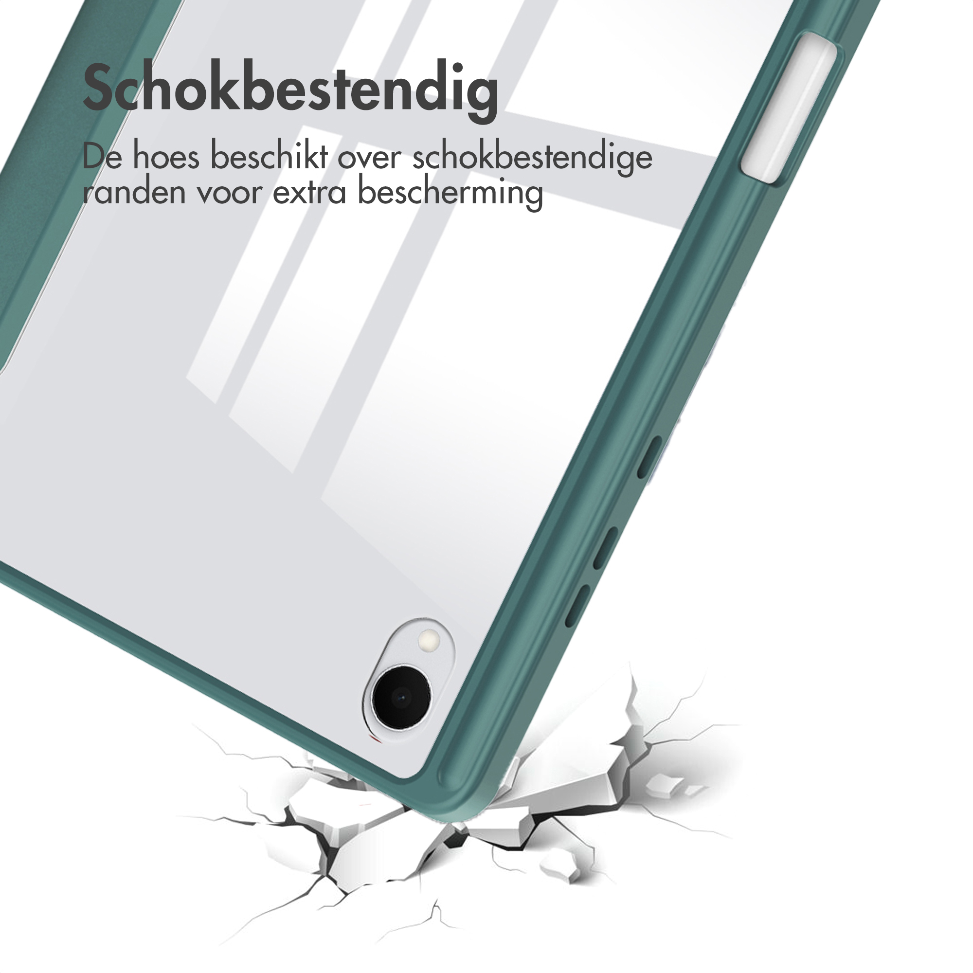 Een tablethoes valt en crasht op een wit oppervlak, waardoor het barst. Tekst: Schokbestendig.