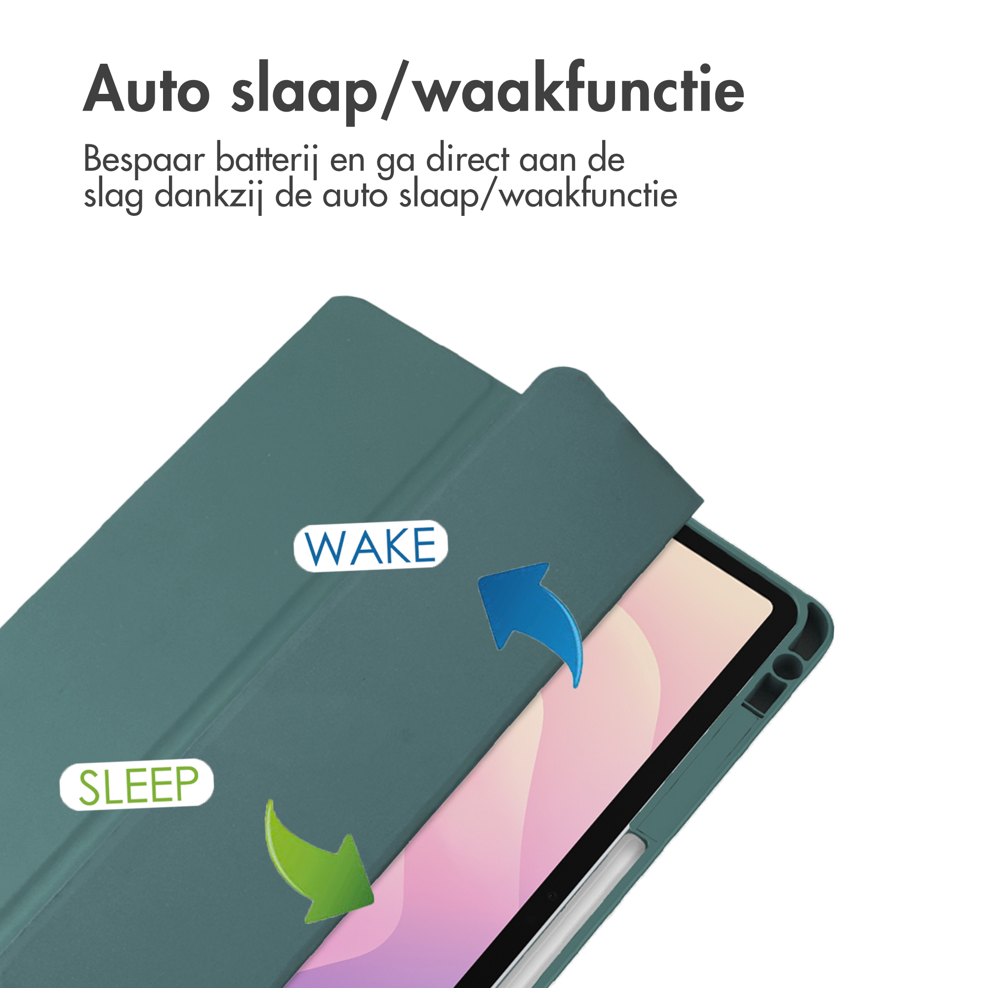 Tablethoes met labels 'SLEEP' en 'WAKE'. Pijlen geven functies aan, tekst in het Nederlands.