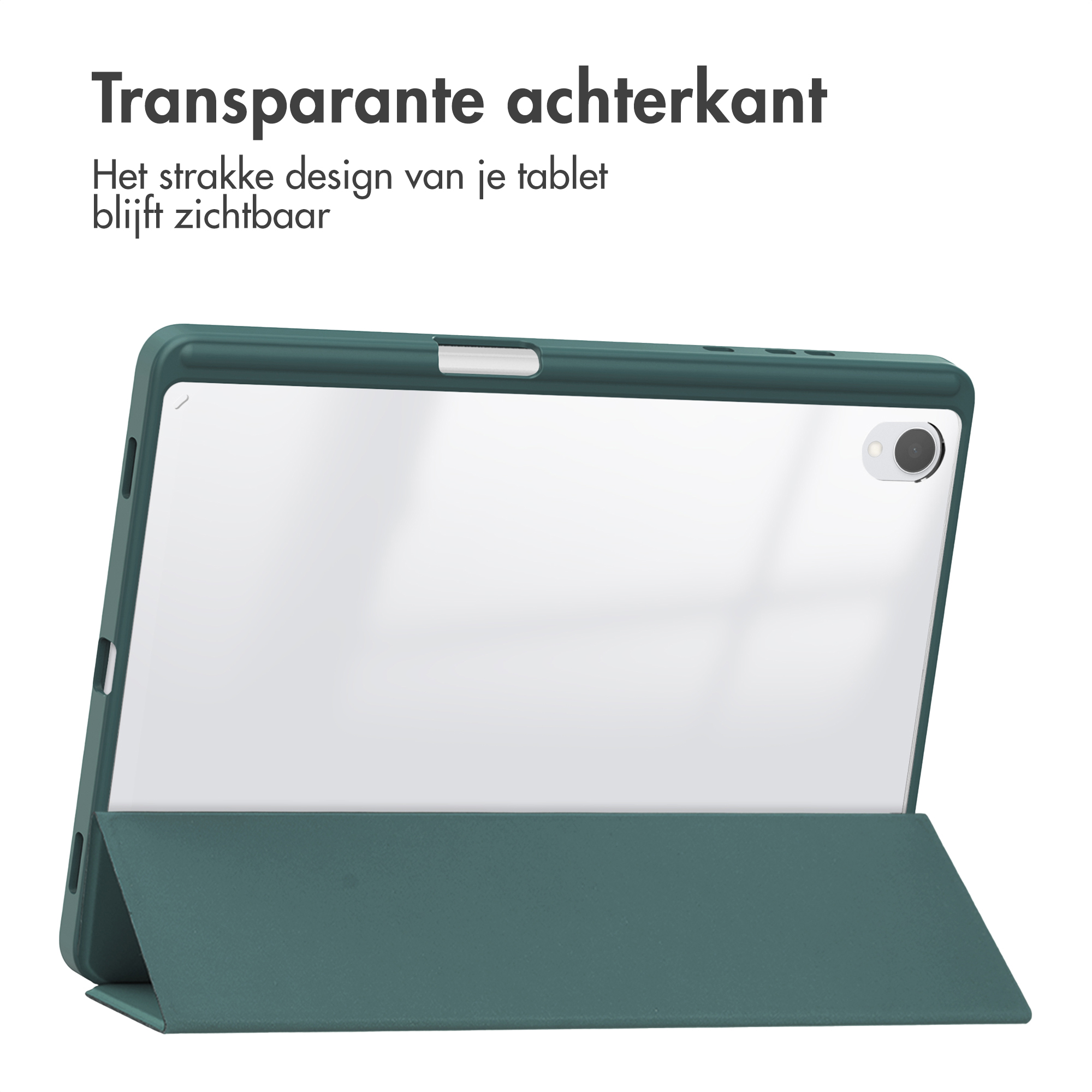 Groene tablethoes met transparante achterkant. De hoes is open, toont het tabletscherm.