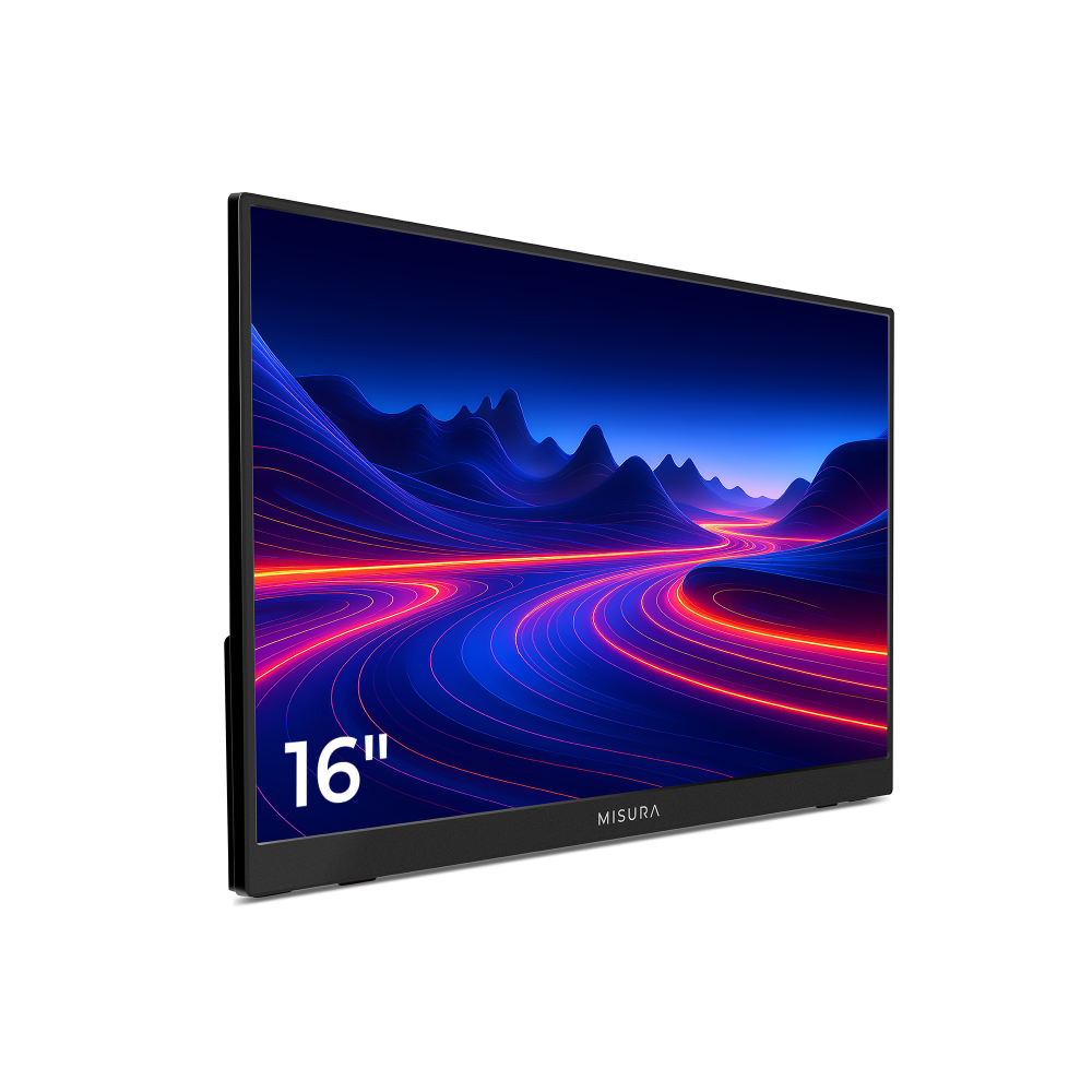 16-calowy monitor Misura wyświetla żywy, abstrakcyjny krajobraz z błękitnym niebem, górami oraz czerwonymi i pomarańczowymi smugami światła.