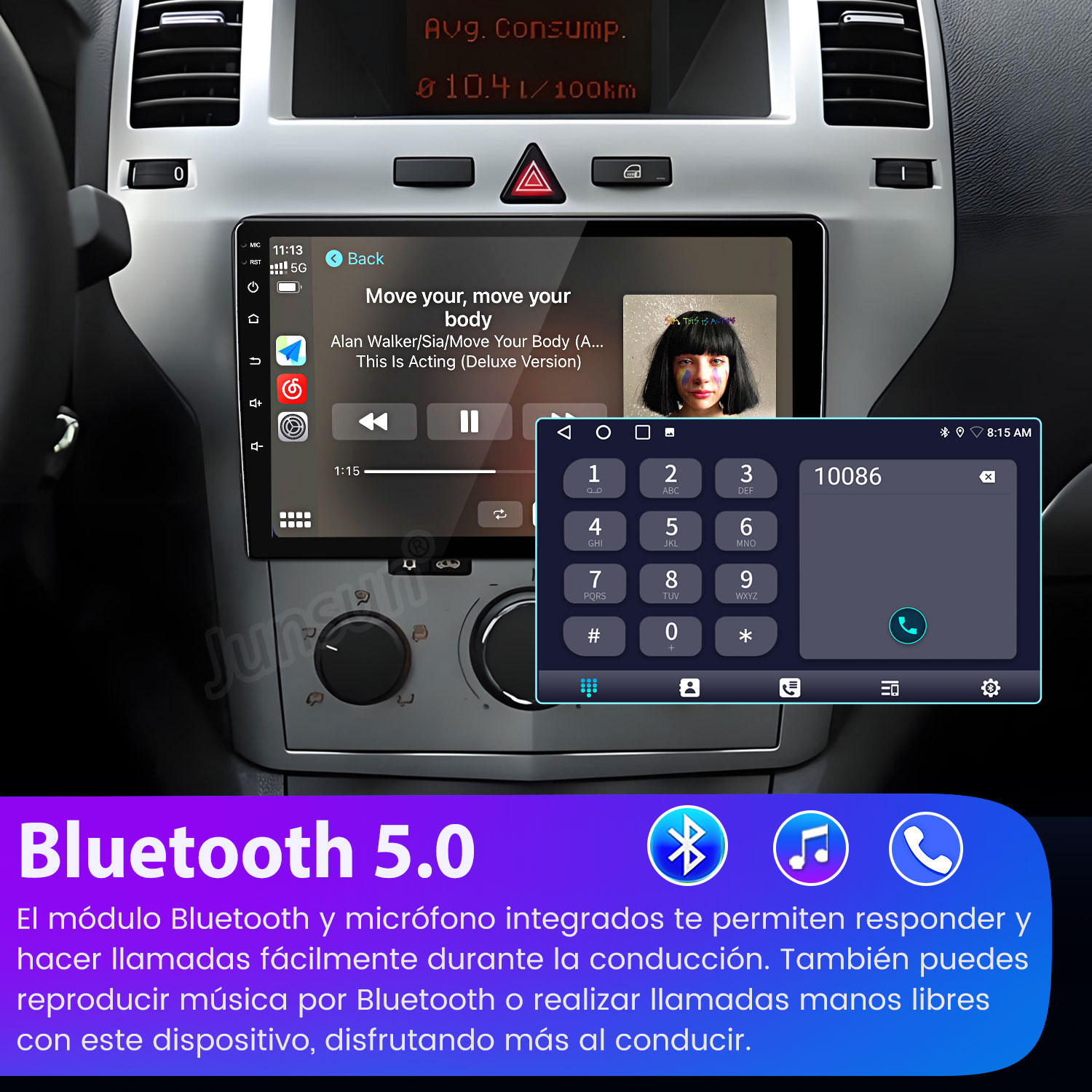 Pantalla de radio del coche que muestra música y marcador telefónico. Logotipo de Bluetooth 5.0 en la parte inferior.